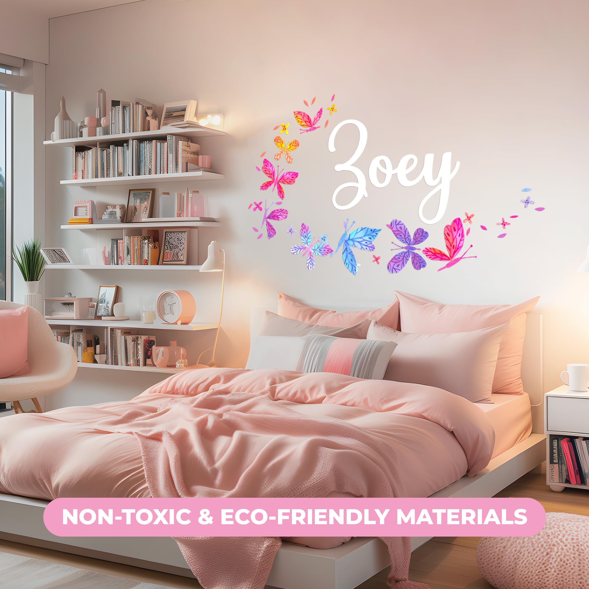Personalized Name Butterfly Wall Decals for Girls Bedroom - Pink Butterfly Room Decor with Rainbow Wall Stickers - Multiple Size Options - Perfect for Nursery, Kids Room & Birthday Party Decorations