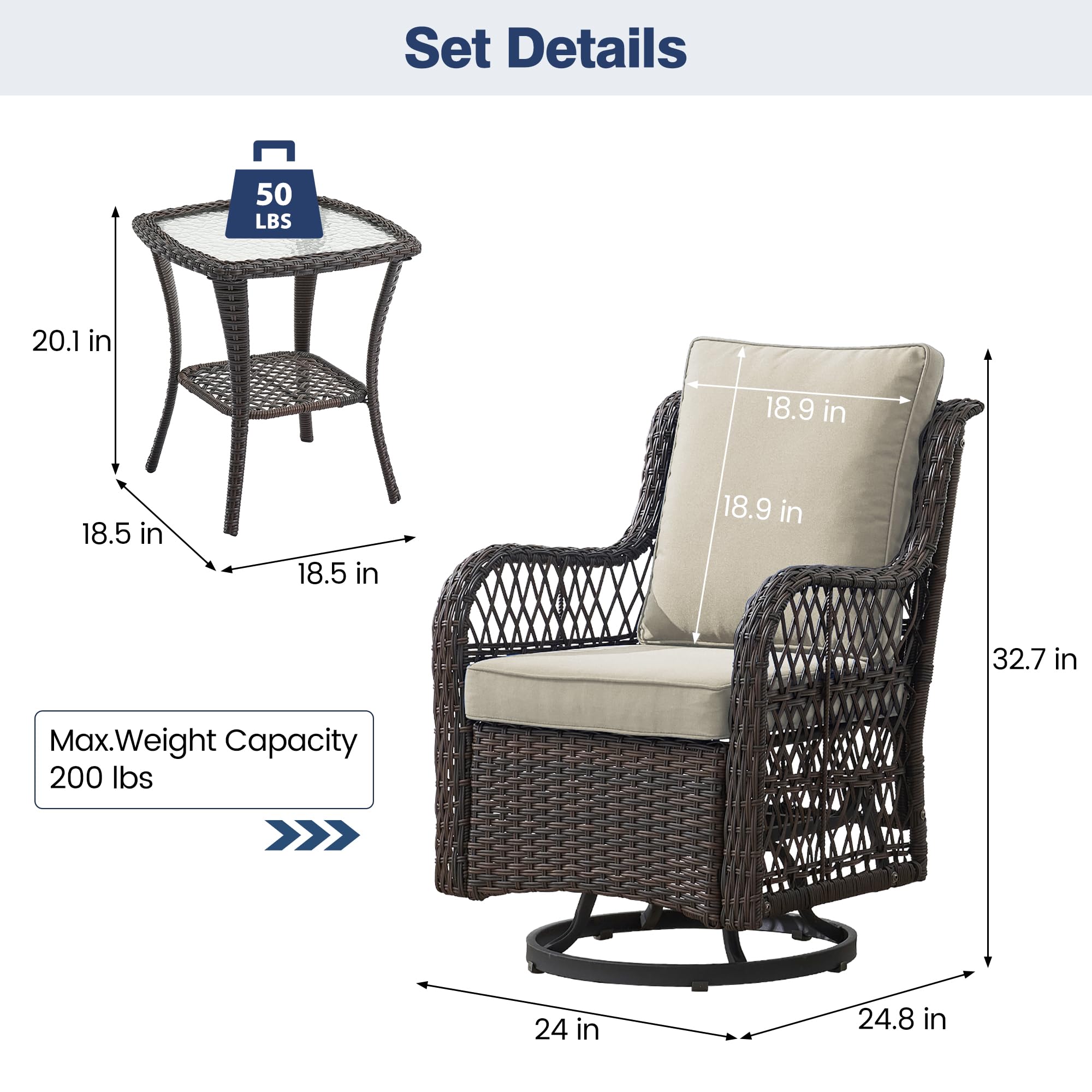 GAOMON 3-Piece Outdoor Swivel Rocking Chair Set with Side Table - 360° Rotating Patio Rocker Chairs for Porch, Poolside & Garden - Dark Brown Wicker with Apricot Cushions (Perfect for Relaxing, Sunbathing & Entertaining Guests)