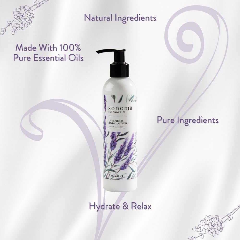 Sonoma Lavender Aromatherapy Lotion for Dry Skin - All Natural Body Moisturizer with Lavender Oil for Smooth & Hydrated Skin - 8oz - Perfect for Relaxation, Massage & Daily Skincare Routine
