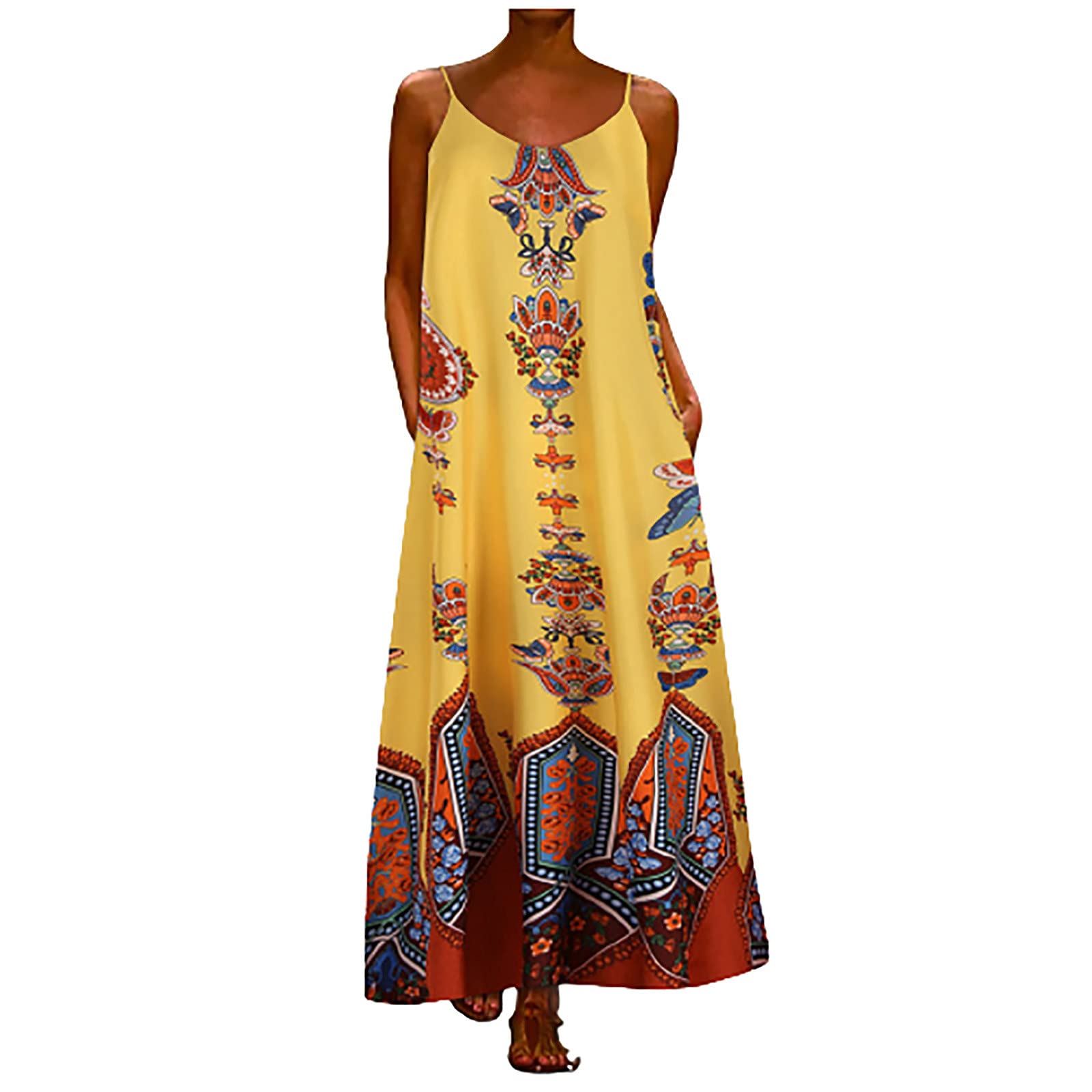Women's Summer Casual Maxi Dresses - Floral Spaghetti Strap Long Flowy Dress with Pockets | Beach Cover Up, Vacation Outfit, Boho Chic Fashion
