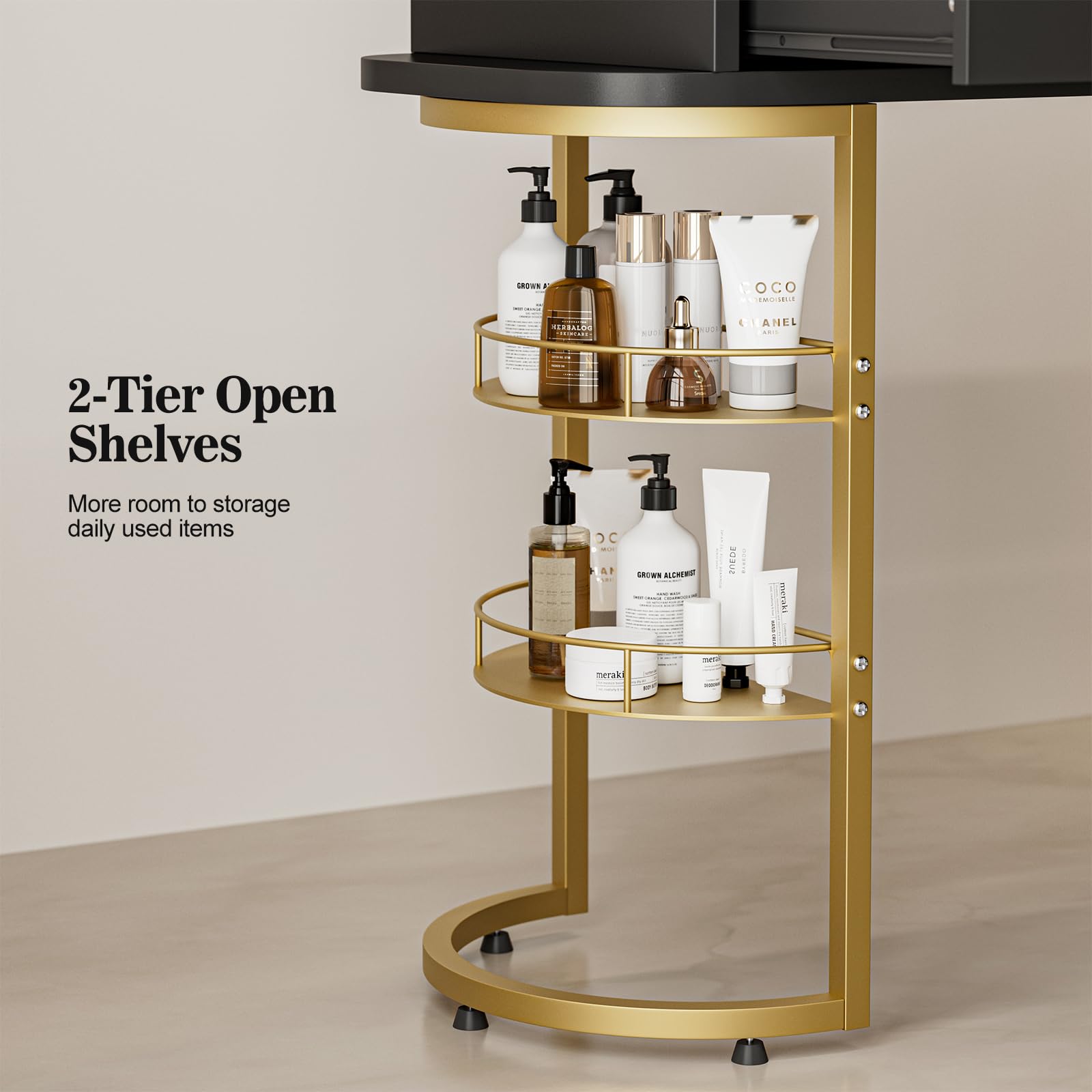 Paddie Professional Manicure Table for Nail Technicians - Glass Top Nail Salon Desk with 4 Drawers & 2-Tier Storage Shelves - Acetone Resistant Beauty Workstation with Wrist Cushion & Golden Handles (Black) - Perfect for Nail Salons, Home Studios & Mobile Nail Services