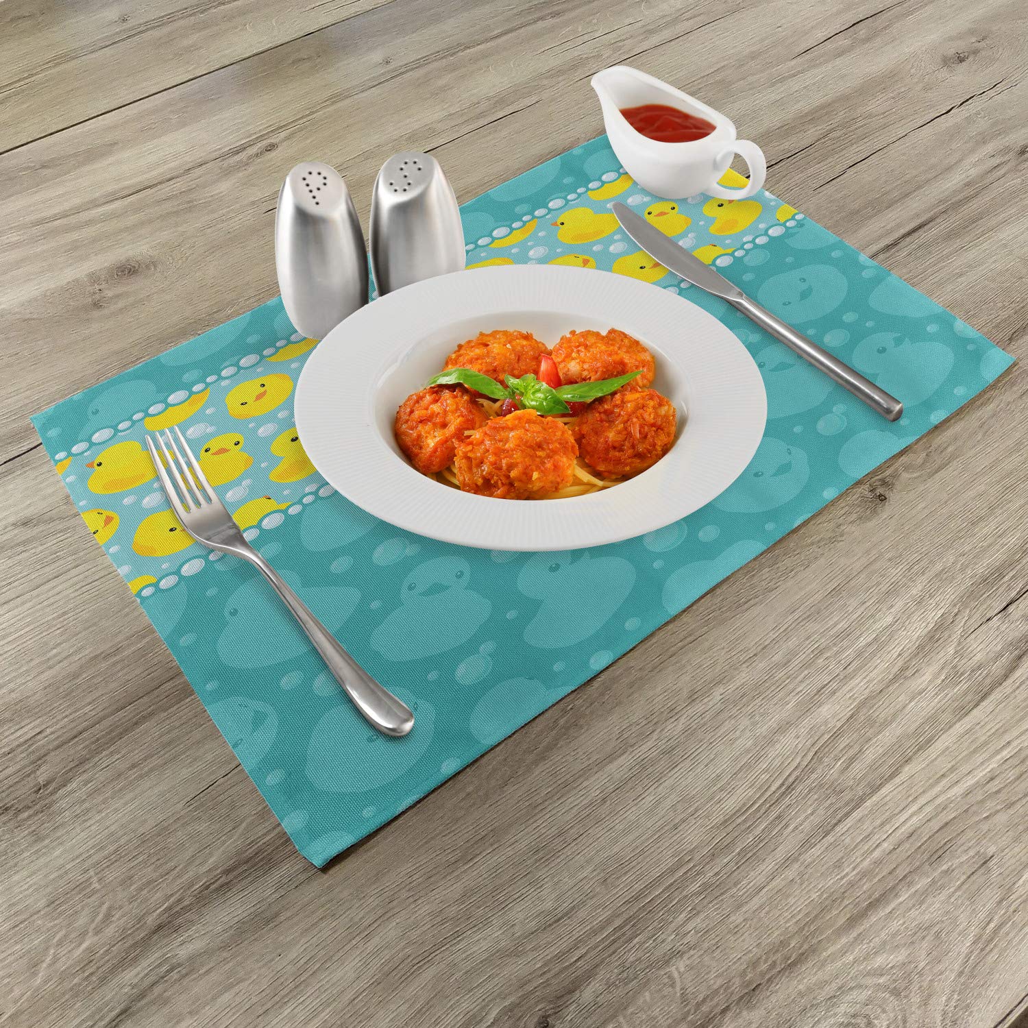 Ambesonne 4-Pack Rubber Duck Place Mats - Yellow Cartoon Duck Swimming in Water with Bubbles Design, Washable Fabric Table Mats for Dining Room & Kitchen Decor in Teal Blue - Perfect for Kids' Parties, Themed Events & Playful Home Decor