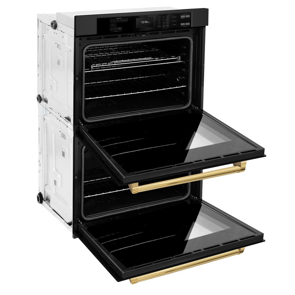 ZLINE Autograph Edition 30 Inch Black Stainless Steel Double Wall Oven with Air Fry & Self Clean - Professional True Convection Oven with Polished Gold Handles (WADBZ 30 G) - Perfect for Home Chefs & Modern Kitchens