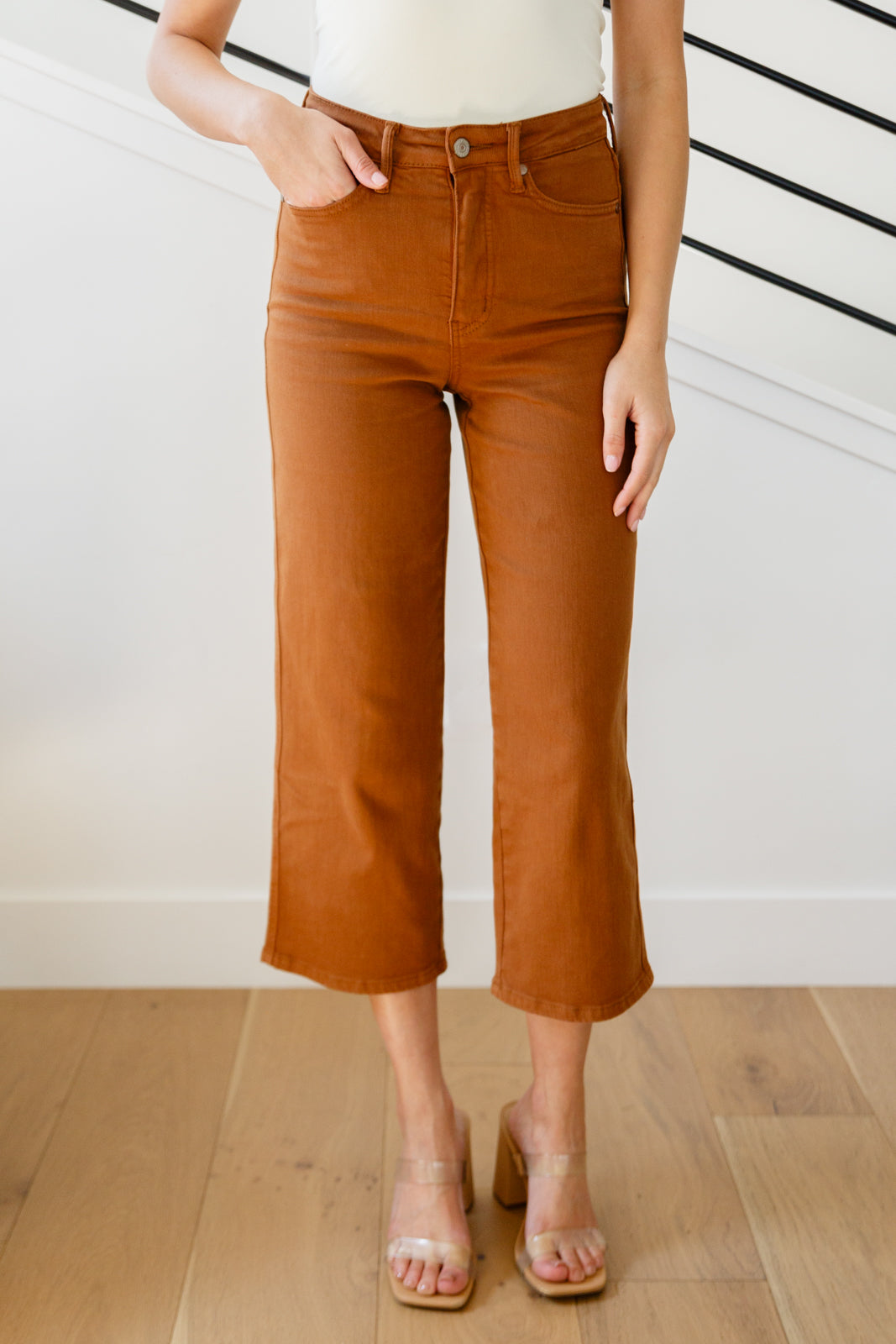Briar High Rise Control Top Wide Leg Crop Jeans in Camel - Comfortable Stretch Denim Pants for Women, Casual & Office Wear