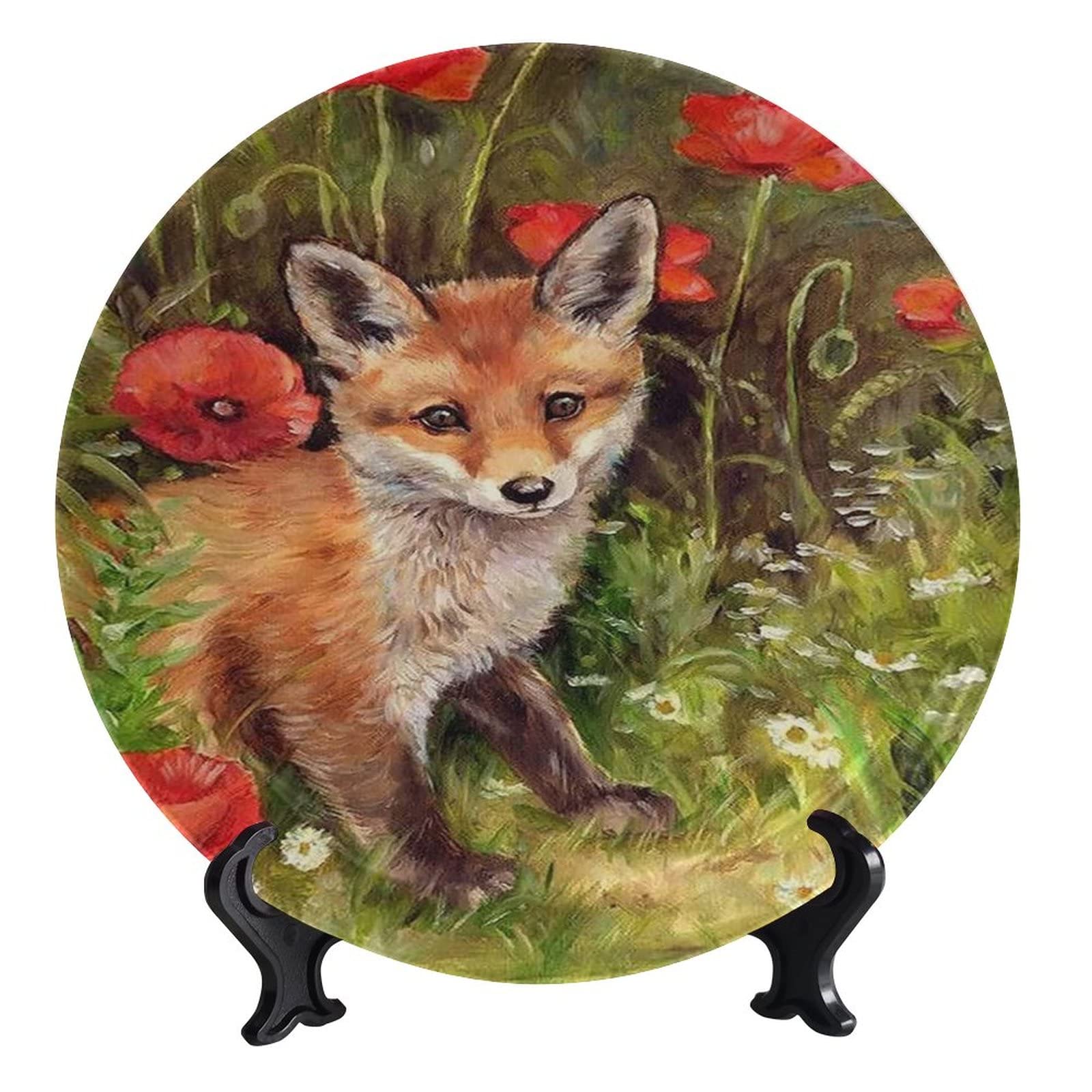 Ousente Spring & Summer Ceramic Decorative Plate - Floral Fox Design Art Display for Kitchen, Home & Office Wall Decor - 8 Inch Handmade Ceramic Ornament - Perfect for Table Centerpiece, Shelf Display & Gift Giving