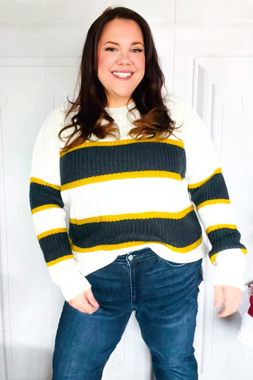 PLUS Casual Chic Yellow & Ivory Stripe Oversized Knit Sweater for Women | Cozy Winter Pullover | Perfect for Office, Date Night & Weekend Outfits