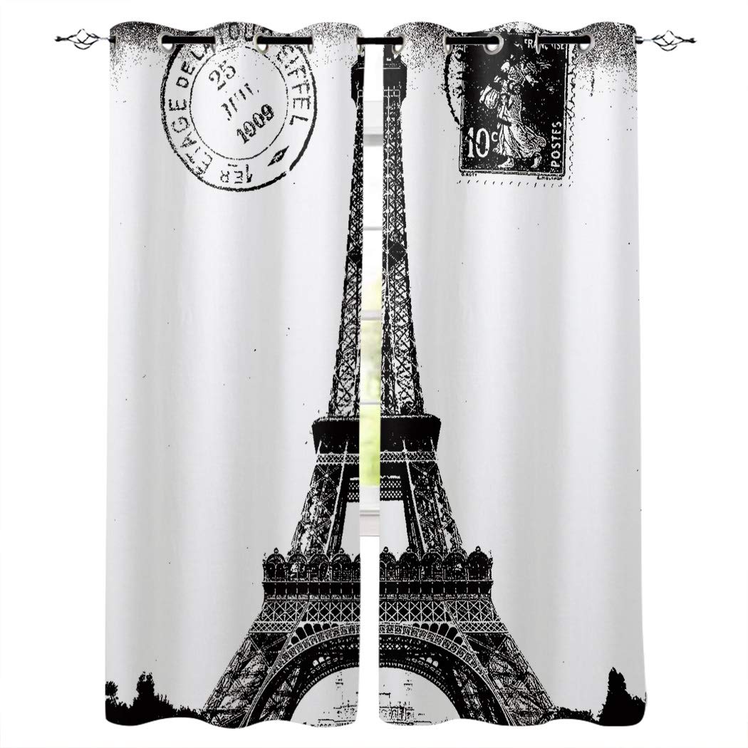 Paris Eiffel Tower Black & White Window Curtains - Set of 2 Semi Sheer Grommet Panels 104x72 Inches, Red Vow Chic Drapes for Living Room, Bedroom & Kitchen - Perfect for Sliding Glass Doors & French Windows