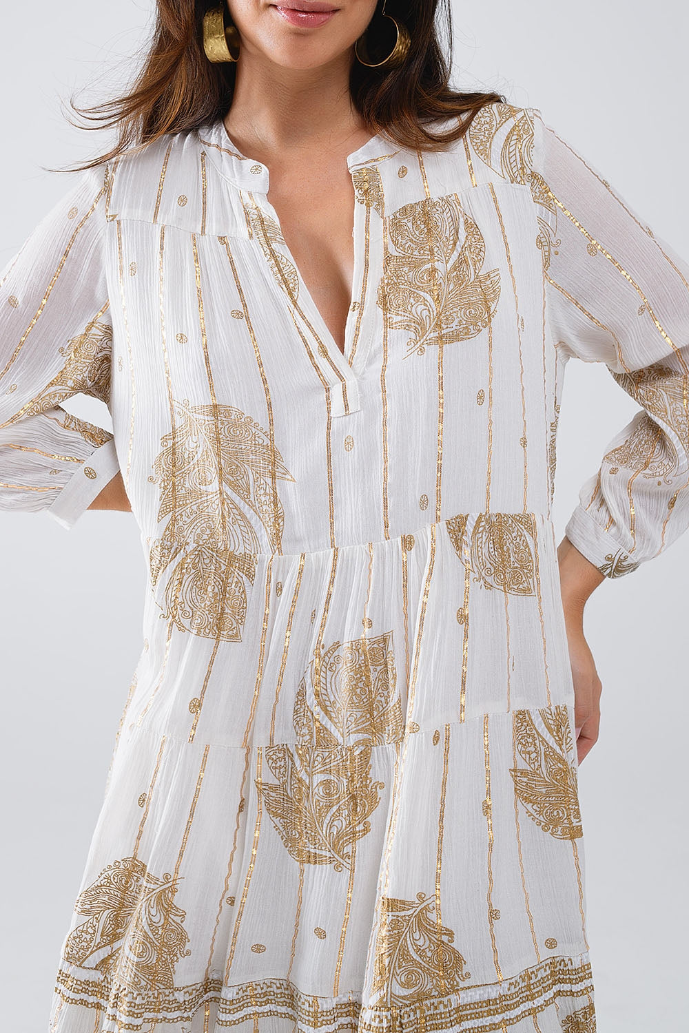 Bohemian Long Sleeve Robe with Leaf Print and Lurex Details in White - Perfect for Yoga, Beach Cover-Up, and Relaxing at Home