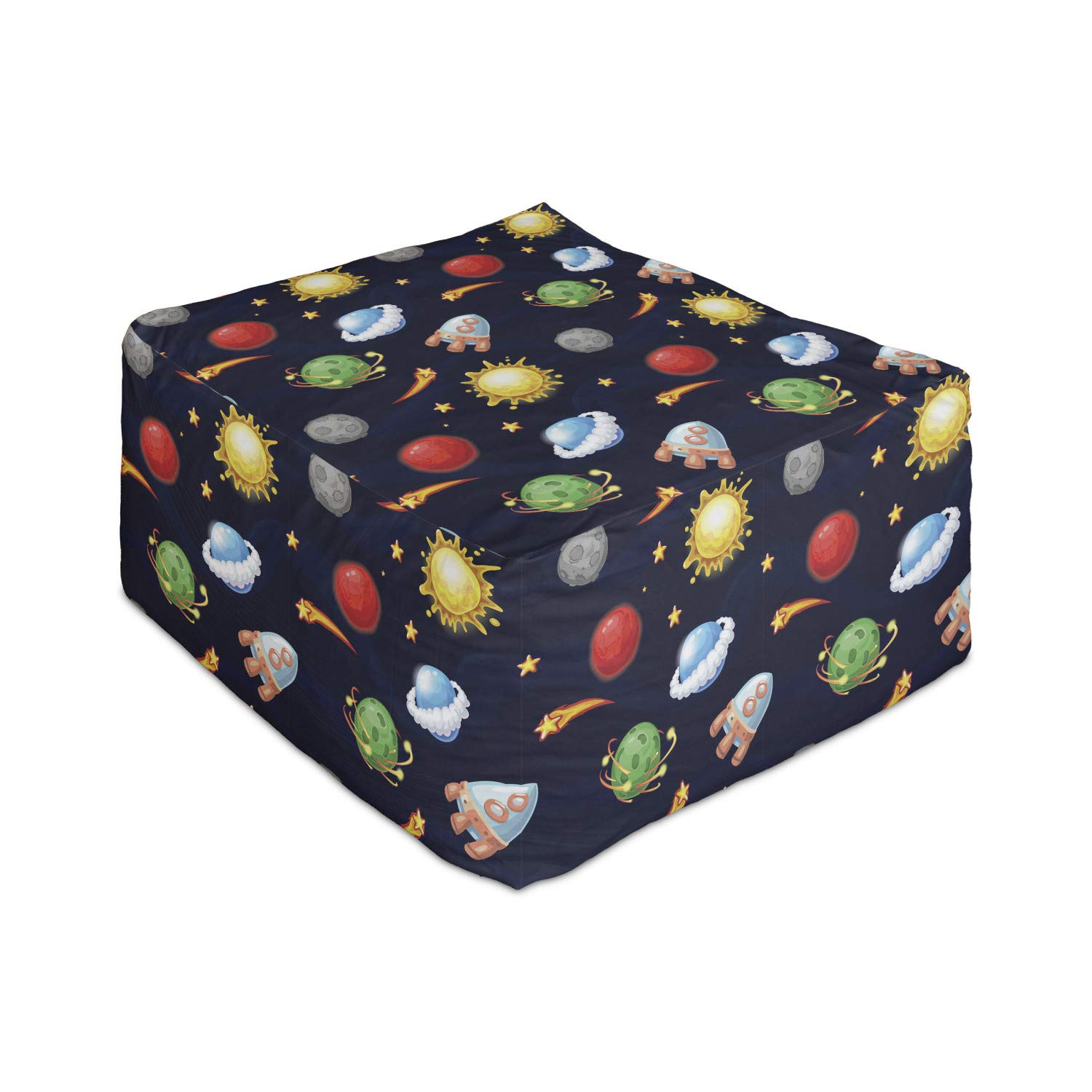 Ambesonne Space Themed Rectangle Pouf Ottoman - Cartoon Style Cosmos Design with Sun, Stars, Planets & Rocket - 25