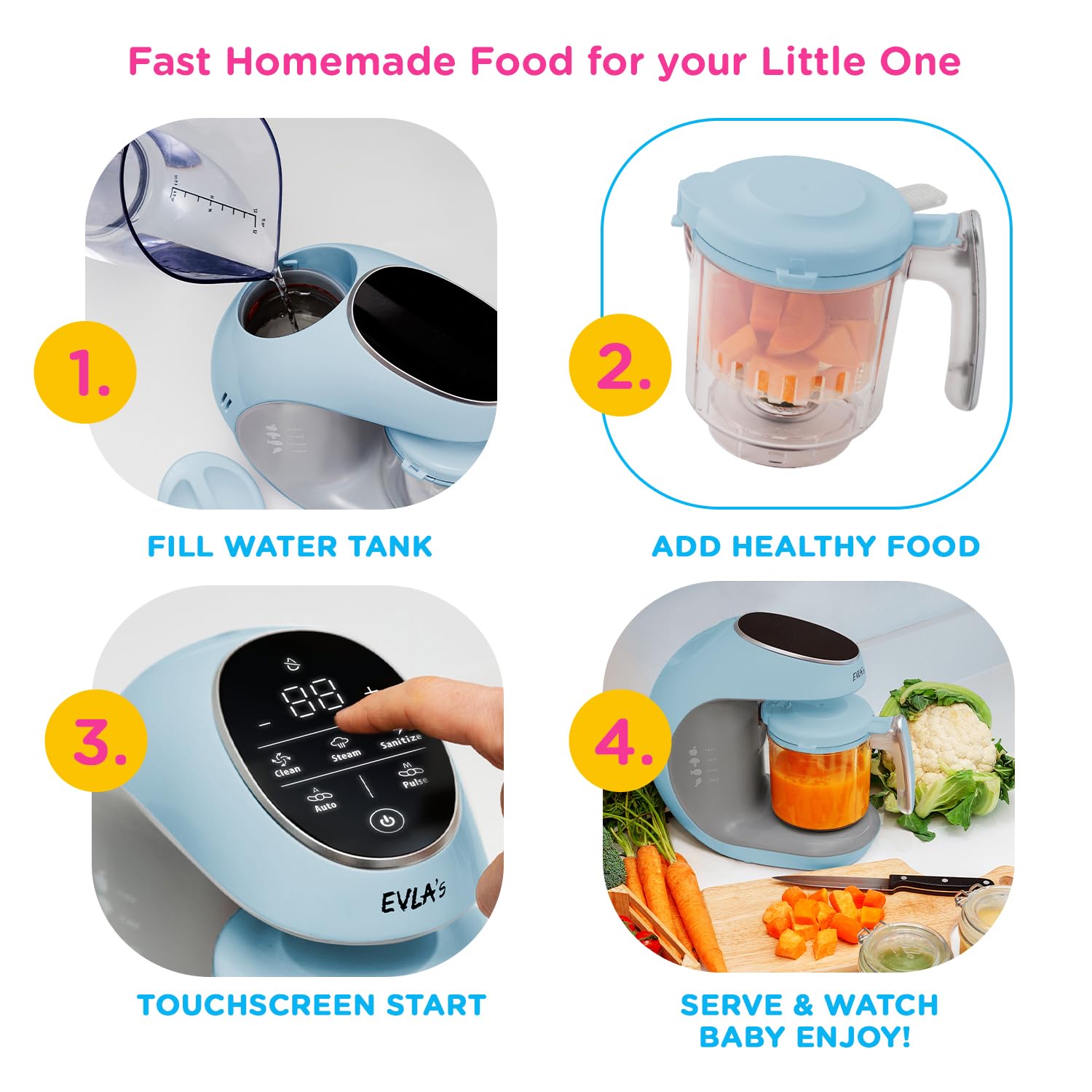 EVLA'S Baby Food Maker & Steamer Blender - 6-in-1 Baby Food Processor for Healthy Homemade Purees | Touch Screen Control with 6 Reusable Food Pouches | Perfect Baby Shower Gift & Registry Essential (Blue) | Ideal for Making Organic Baby Food at Home, Travel & Daycare Meals