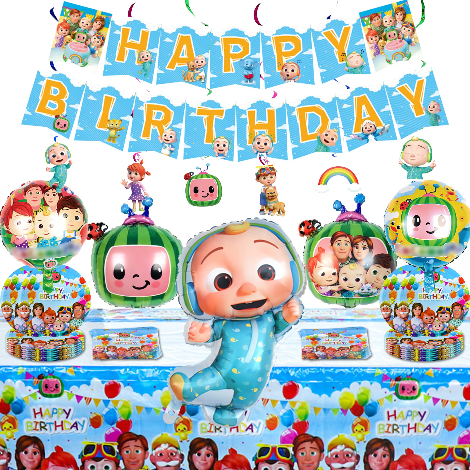 HPJ Coco Cartoon Melon Birthday Party Supplies Kit - Includes Happy Banner, Balloons, Tablecloth, Plates & Hanging Swirls - Decorations for 20 Guests - Perfect for Kids Birthday Parties, Baby Showers & Summer Celebrations