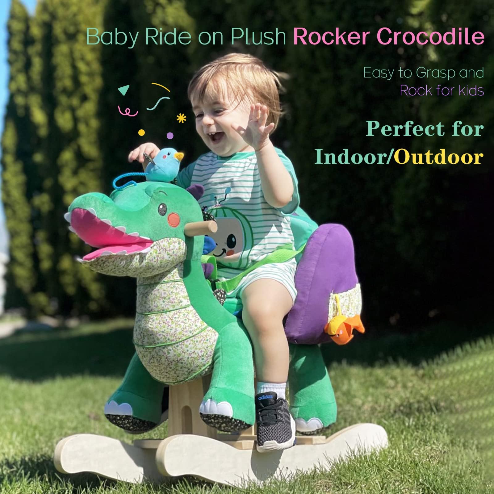 Labebe Green Crocodile Plush Rocking Horse Toy for Toddlers 6 Months to 3 Years - Soft Stuffed Animal Rocker Chair with Wooden Base | Perfect for Nursery Decor, First Birthday Gifts & Early Childhood Development