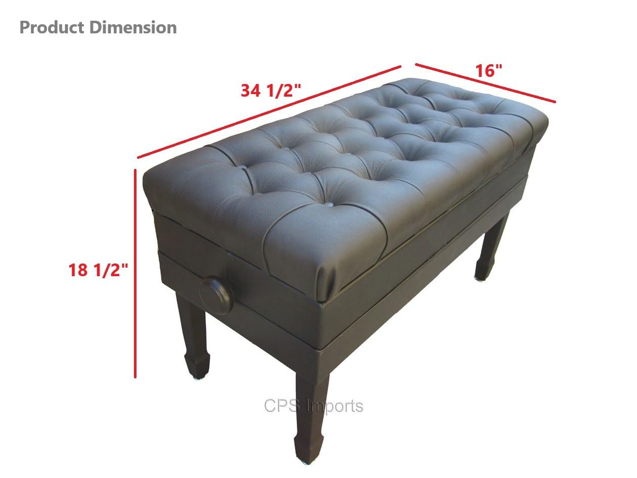Premium Adjustable Duet Size Piano Bench - Genuine Leather, Ebony Satin Finish with Music Storage | Perfect for Concert, Home Practice & Music Studio Use