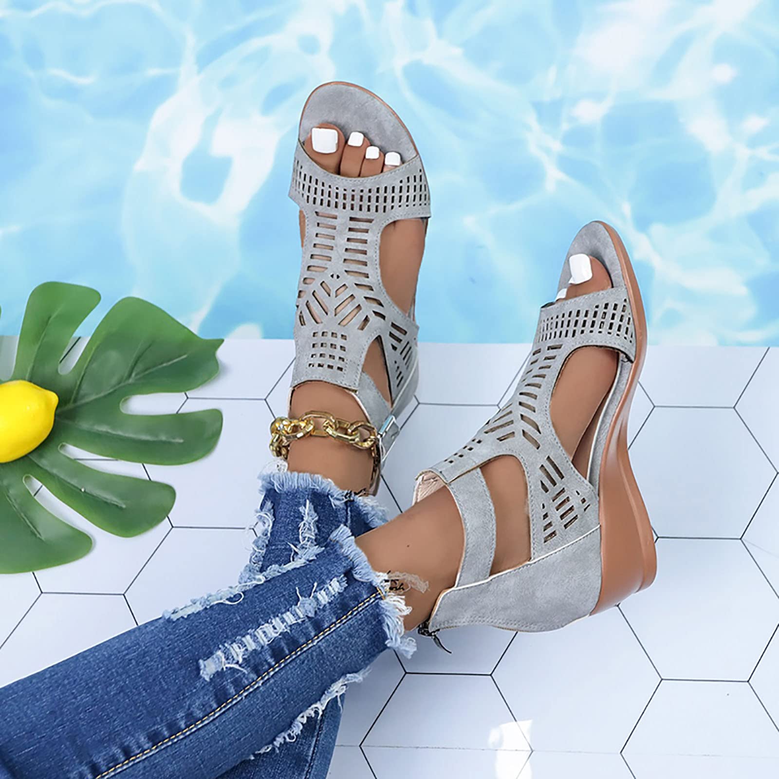 Women's Casual Buckle Cutout Peep Toe Wedge Heel Sandals - Stylish Summer Shoes for Beach, Party & Everyday Wear
