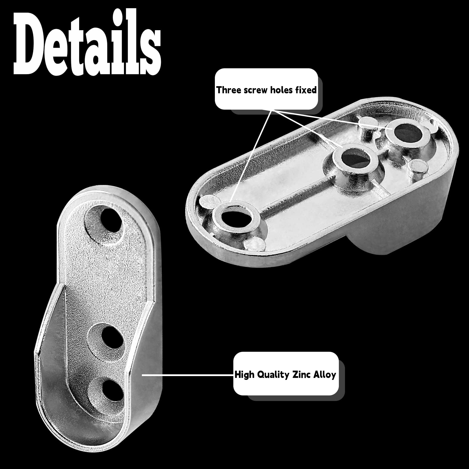 2 Pack Oval Closet Rod End Supports - Heavy Duty Zinc Alloy Wardrobe Brackets for 15x30mm Oval Rods with 3 Mounting Holes | Closet Organization, Clothes Rack Support for Bedroom & Walk-in Closet Storage Solutions