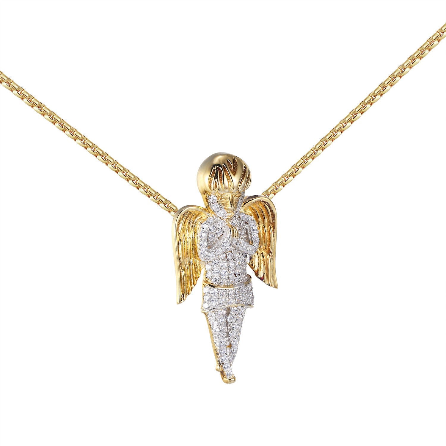 Hip Hop Guardian Angel Pendant - Sterling Silver 14k Gold Plated Necklace with Dainty Chain & Praying Cherub Charm - Perfect for Streetwear, Gift Giving & Spiritual Protection