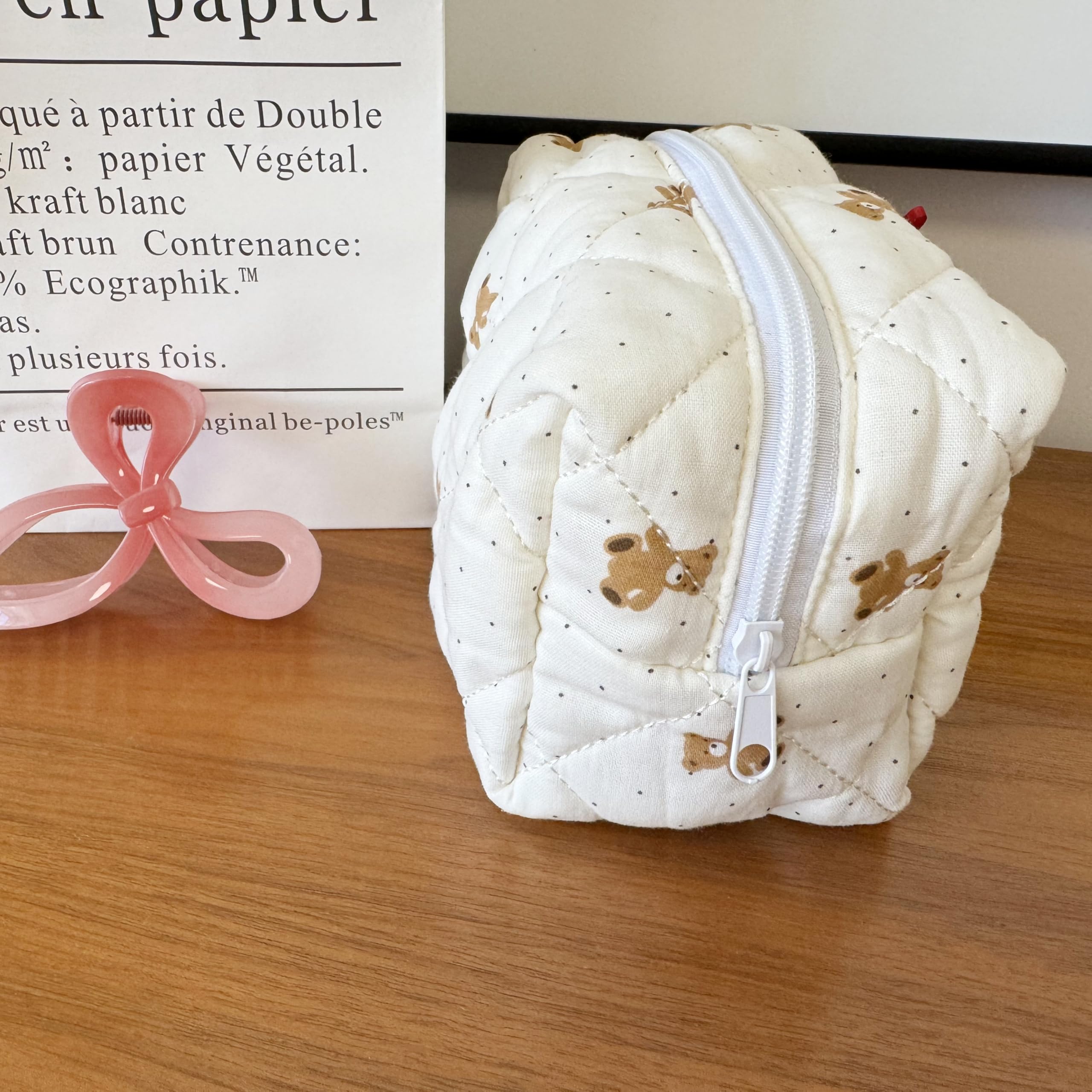 Quilted Cotton Makeup Bag for Women - Cute Teddy Cosmetic Pouch & Travel Organizer | Coquette Accessories for Daily Use, Travel, and Gift Giving