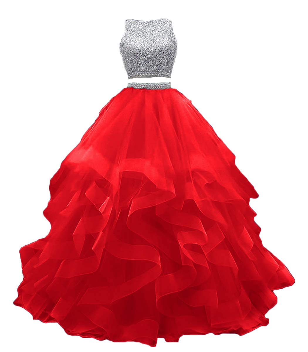 KaBuNi 2 Piece Prom Dress Long Beaded Quinceanera Gown with Layered Ruffle Tulle for Sweet 16, Homecoming, Wedding & Ball - Elegant Formal Evening Gown for Dances & Special Occasions