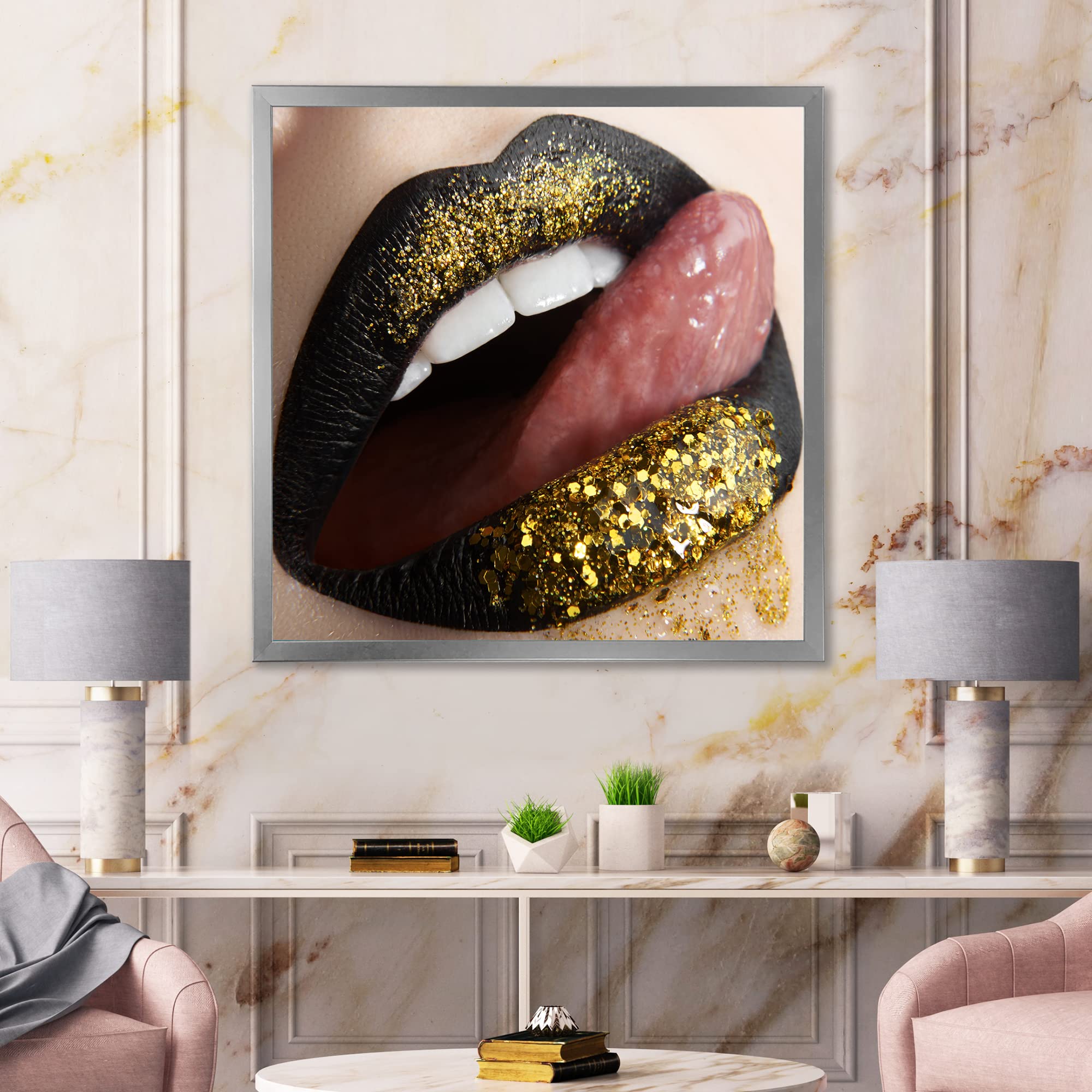 Black Lipstick & Gold Sequins Framed Wall Art - Modern Female Lips Decor for Living Room, Bedroom & Office