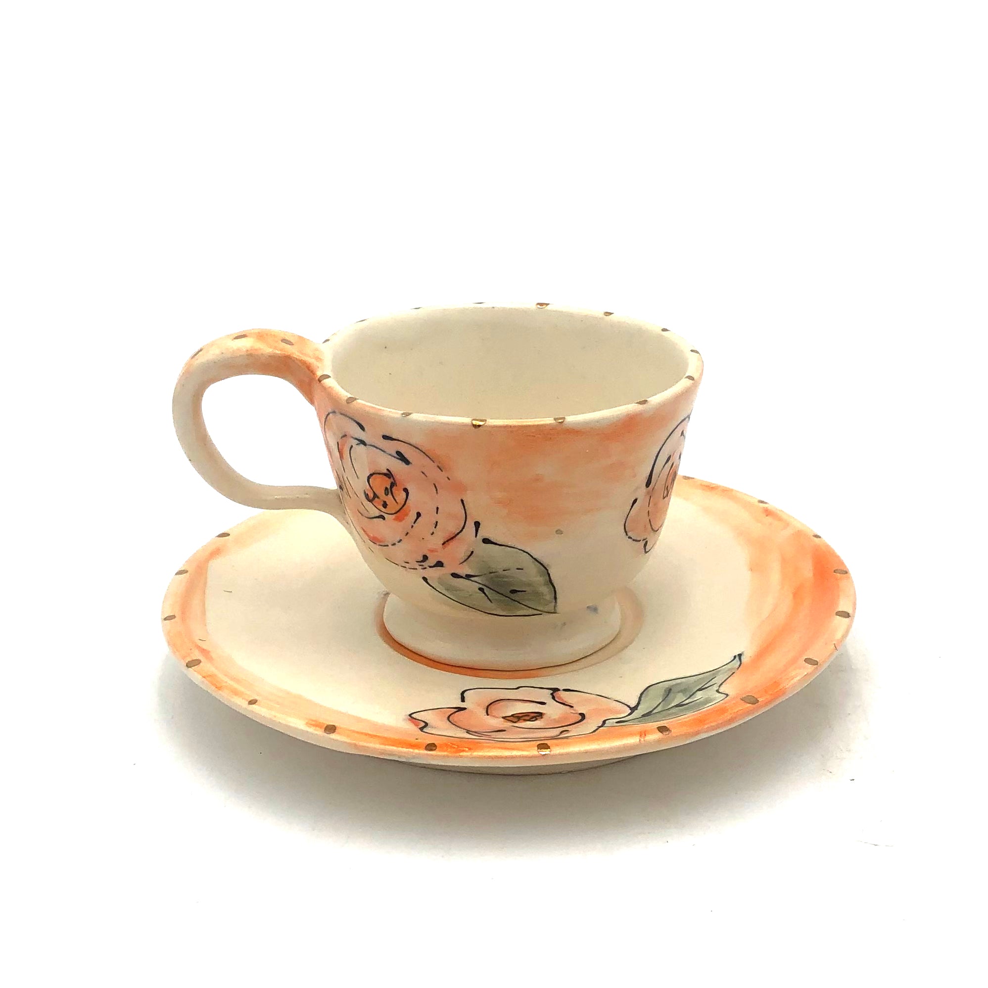 Handpainted Porcelain Tea Cup and Saucer Set with Gold Lustre - Elegant Floral Design for Afternoon Tea, Coffee Break, and Gift Giving