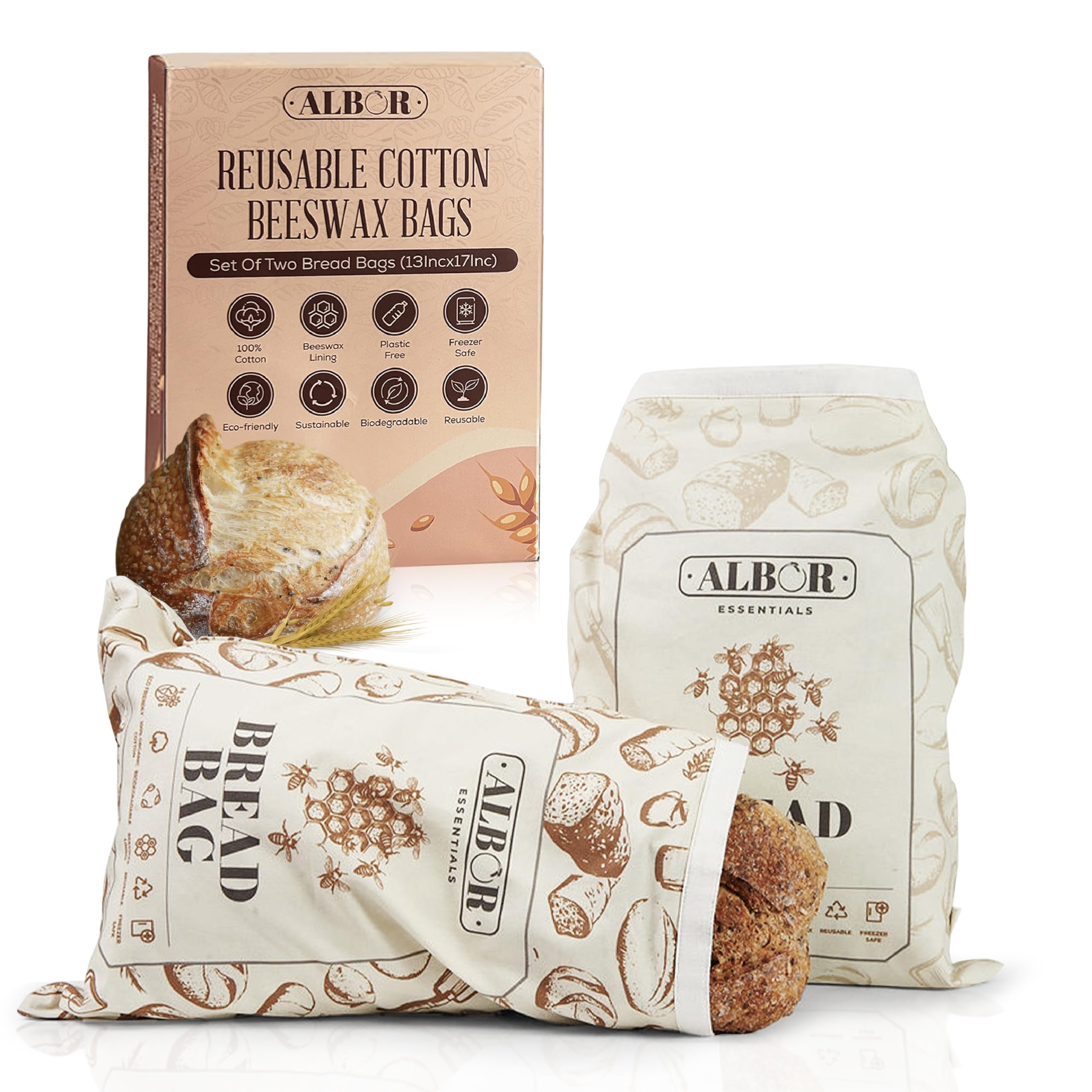 2 Pack Reusable Cotton Beeswax Bread Bags for Homemade Sourdough Storage - XL Eco-Friendly Food Wraps for Bread, Baguettes & Pastries - Perfect for Baking, Picnics & Zero Waste Kitchens