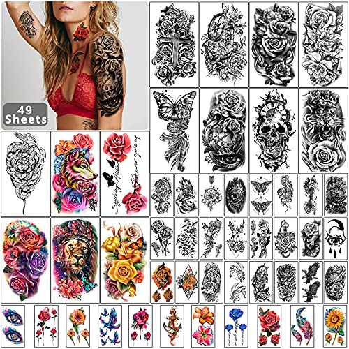 2 Sets 98 Sheets Black Half Arm Waterproof Temporary Tattoos for Adults - 3D Floral Animal Designs (Peony, Rose, Butterfly, Tiger) - Fake Tattoo Stickers for Men & Women - Perfect for Parties, Halloween, Cosplay & Body Art on Hand, Shoulder, Chin & Neck