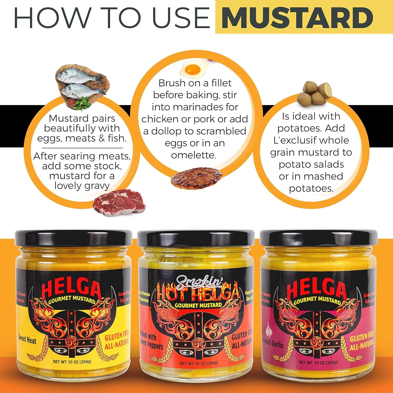 Helga Gourmet Mustard 10oz Glass Jar - Gluten Free, All Natural Sweet Heat Mustard - Perfect for Sandwiches, Burgers & BBQ Recipes