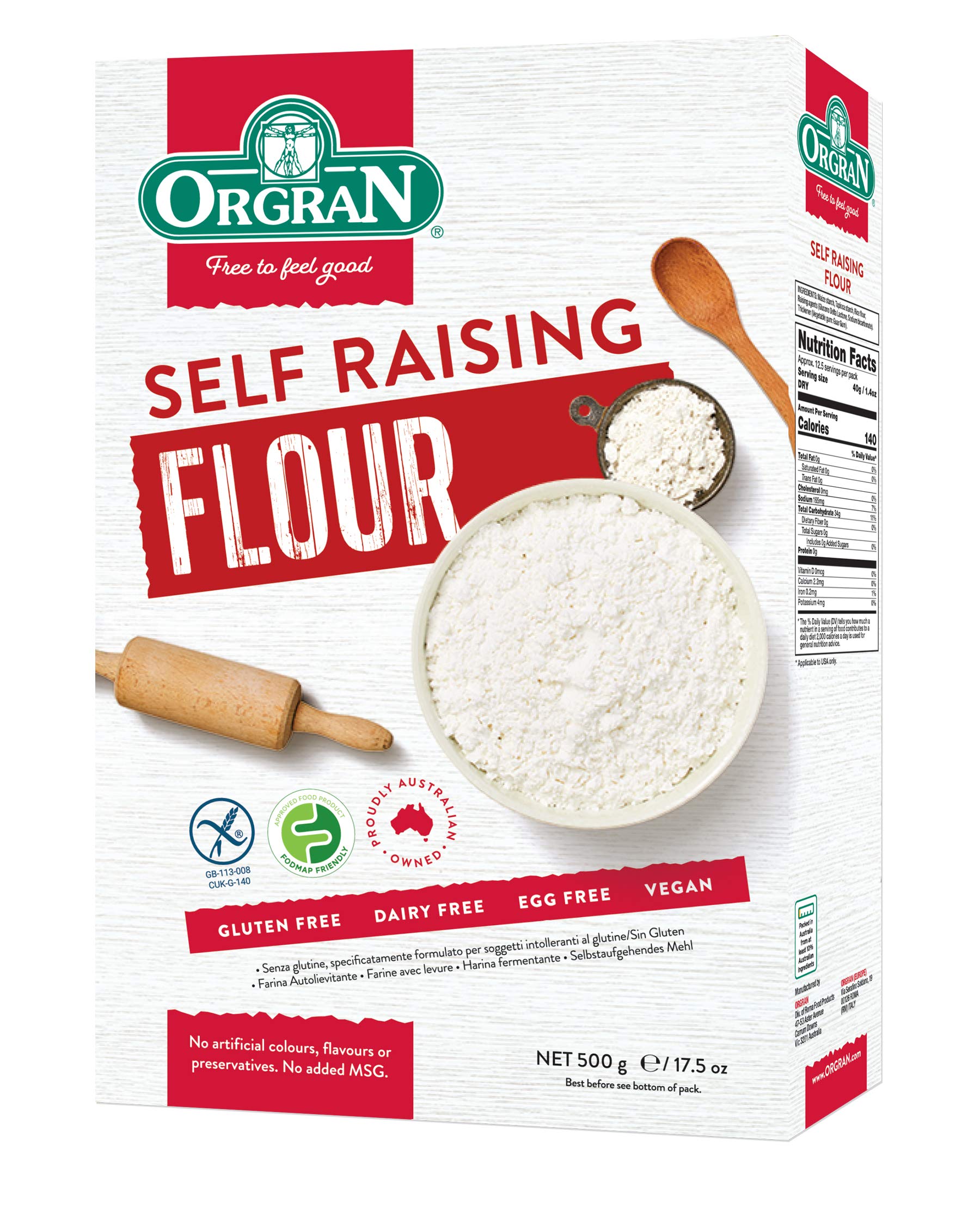 Orgran Gluten Free Self Rising Flour 1.1 lbs (500g) - All-Purpose Baking Mix for Cakes, Cookies & Bread | Vegan, Non-GMO, Allergy-Friendly Pantry Staple for Home Bakers