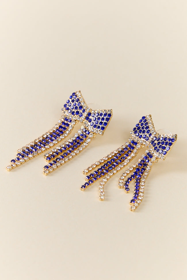 Blue Crystal Fringe Bow Earrings for Women - Elegant Dangle Drop Earrings for Party, Wedding & Special Occasions - FINAL SALE
