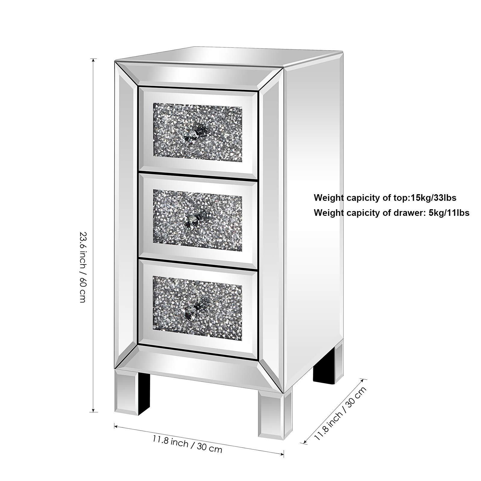 Modern Mirrored 3-Drawer Nightstand with Crystal Knobs - Silver Finish Bedside Table for Bedroom & Living Room Storage