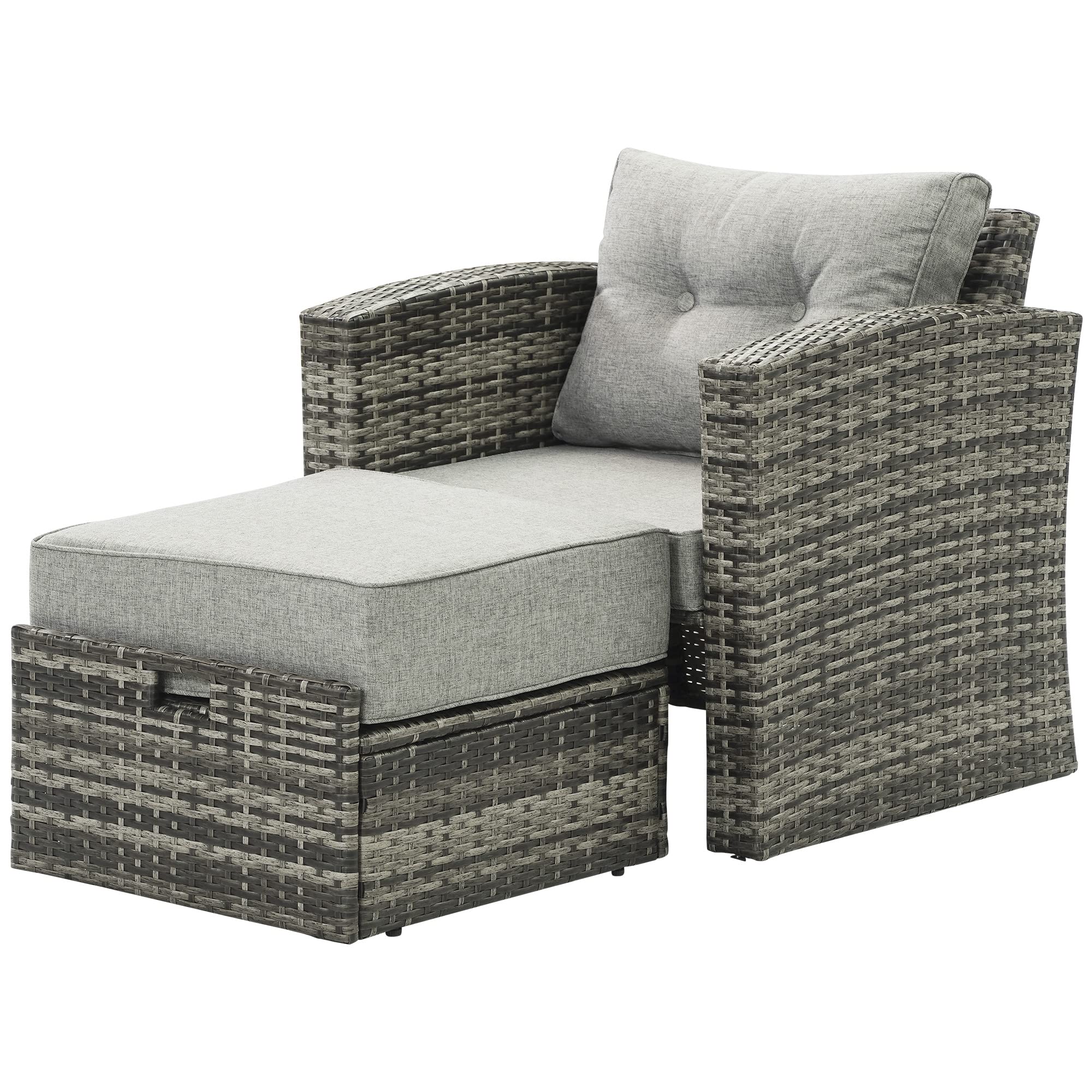 Outdoor Wicker Furniture Single Chair with Ottoman - All-Weather Grey Rattan Patio Armchair Sofa Set with Non-Slip Cushions & Durable Aluminum Frame - Perfect for Backyard, Garden, Poolside & Balcony Relaxation