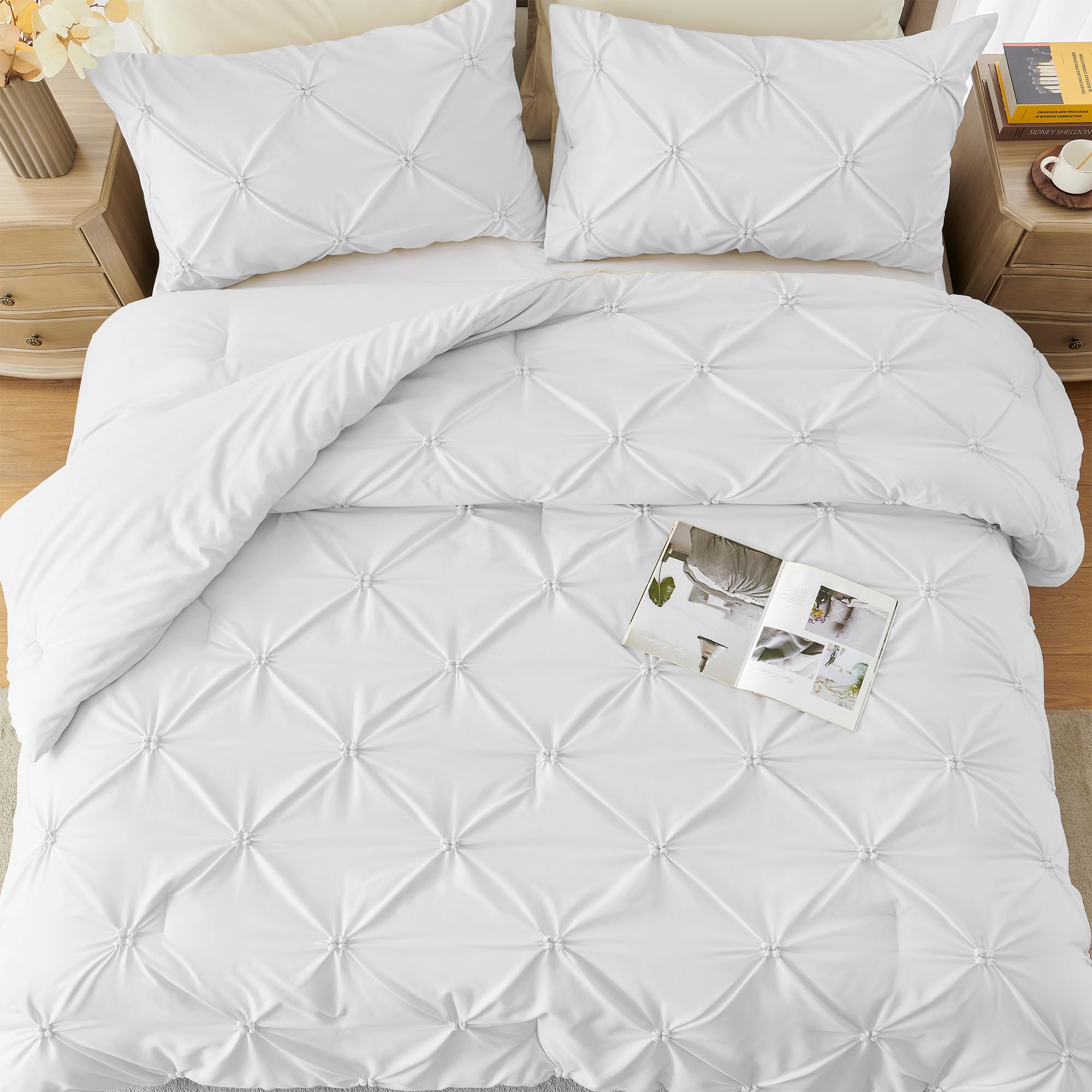UNIKOME Queen Comforter Set - Soft Pintuck Down Alternative Bedding Set for All Seasons, 3 Piece Pinch Pleat Solid White Bedding with Comforter & 2 Pillow Shams | Luxury Bedroom Decor for Master Bedroom, Guest Room & Dorm