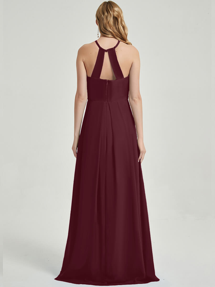 Elegant Burgundy Halter Neck Empire Waist Pleated Open Back Chiffon Bridesmaid Dress - Perfect for Weddings, Formal Events & Special Occasions