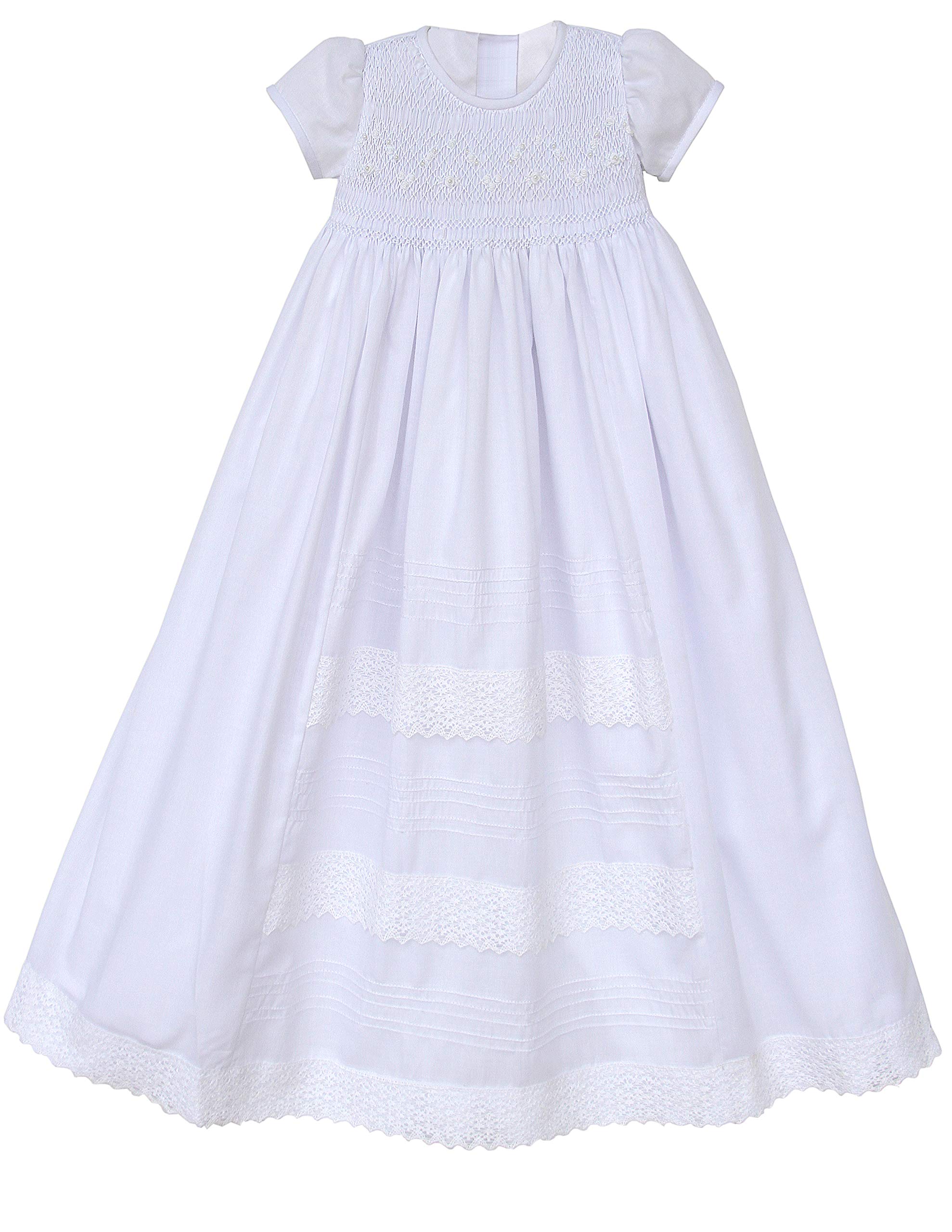 Handmade Baby Girls Christening Gown with Bonnet & Smocked Bodice - Heirloom Quality Baptism Dress for Newborns - Perfect for Christenings, Baptisms & Special Occasions