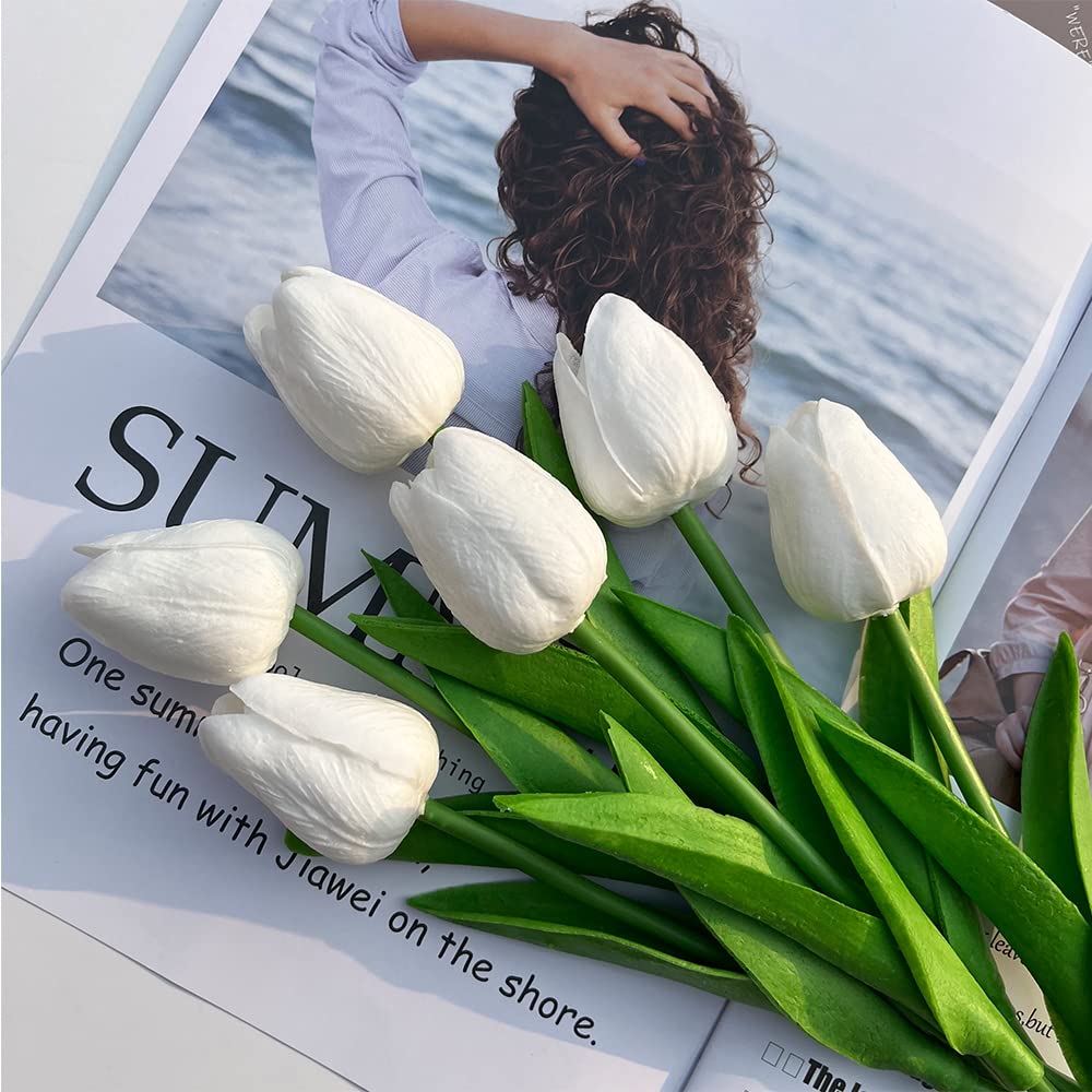 10 Pcs Realistic PU Touch Tulips Artificial Flowers - White Fake Tulip Bouquets for Home, Office, Wedding & Party Decor (Perfect for Centerpieces, Table Arrangements & Gift Wrapping)