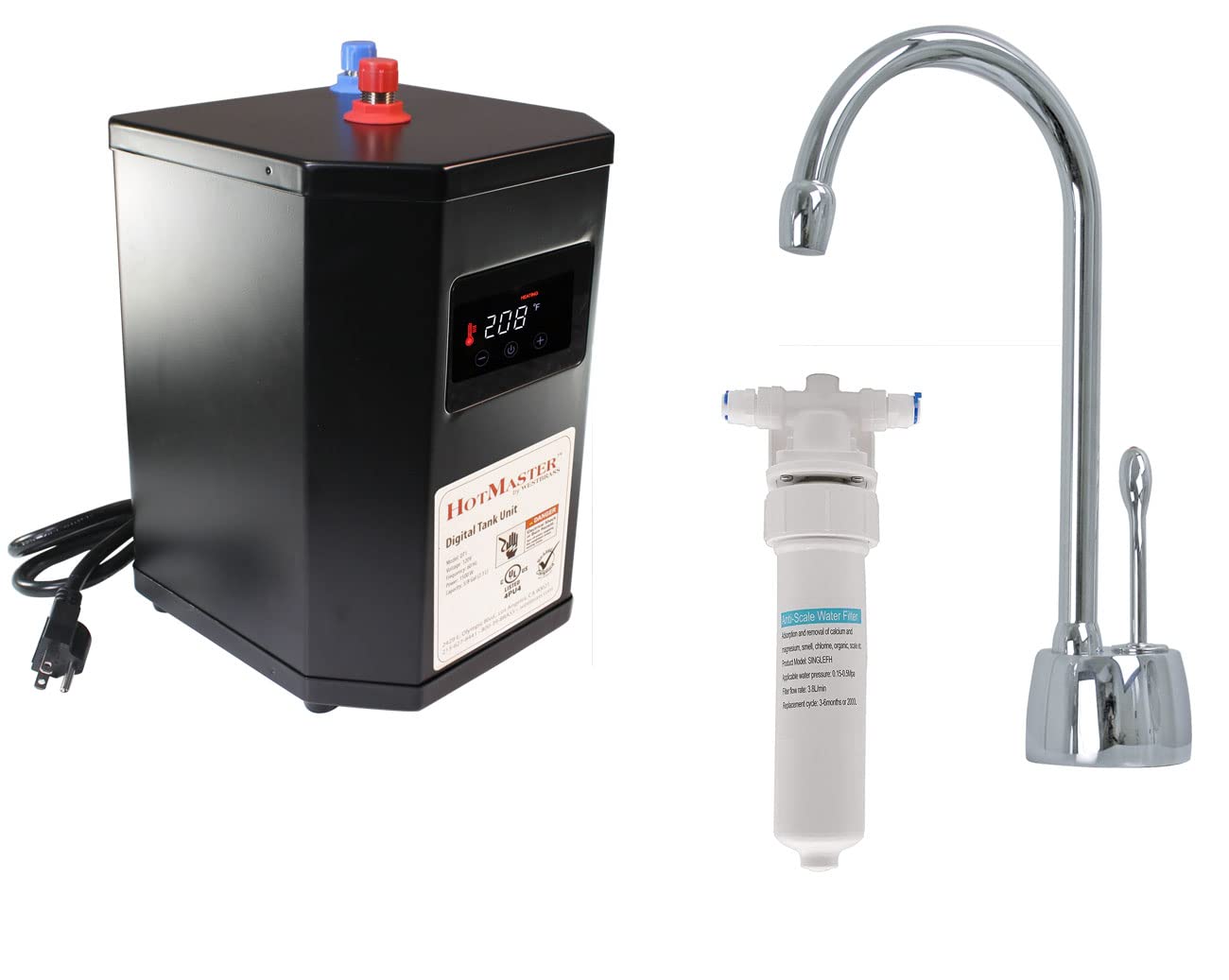 Westbrass DT1F271-26 9-Inch Single Handle Hot Water Dispenser Faucet with DigiHot Digital Tank System & Inline Filter - Polished Chrome - Perfect for Kitchen, Office & Home Use