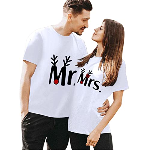 Valentine's Day Women's Heart Print Letter O-Neck Short Sleeve T-Shirt - Casual Fashion Blouse for Date Night & Romantic Occasions (White, Large)