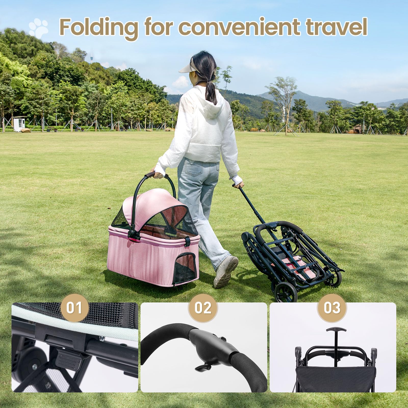 **Wedyvko 3-in-1 Dog Stroller for Medium Dogs – Upgraded Shock-Absorbing Frame, Zipperless Entry, Storage Basket & Pouch – Includes Dog Poop Bags & Dispenser – Perfect for Walks, Travel & Shopping (Pink)**