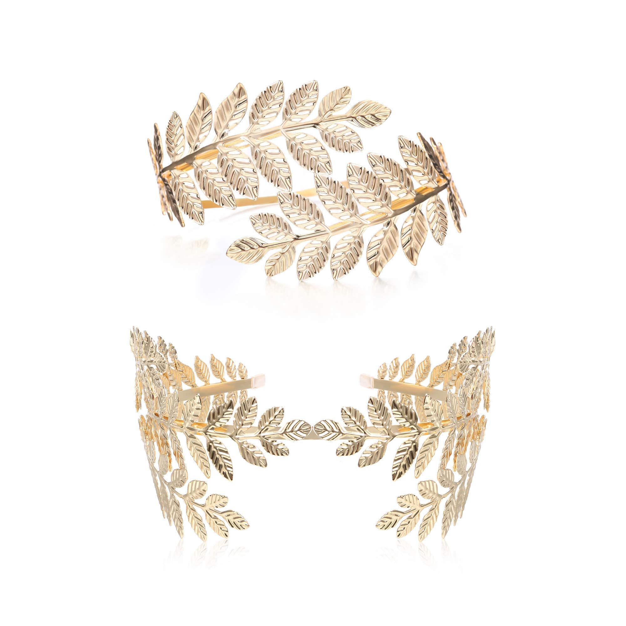 FINREZIO Greek Goddess Headband & Arm Cuff Jewelry Set - Roman Laurel Leaf Crown & Adjustable Armlet Bracelet for Bridal, Wedding, Cosplay & Festival Costume Accessories