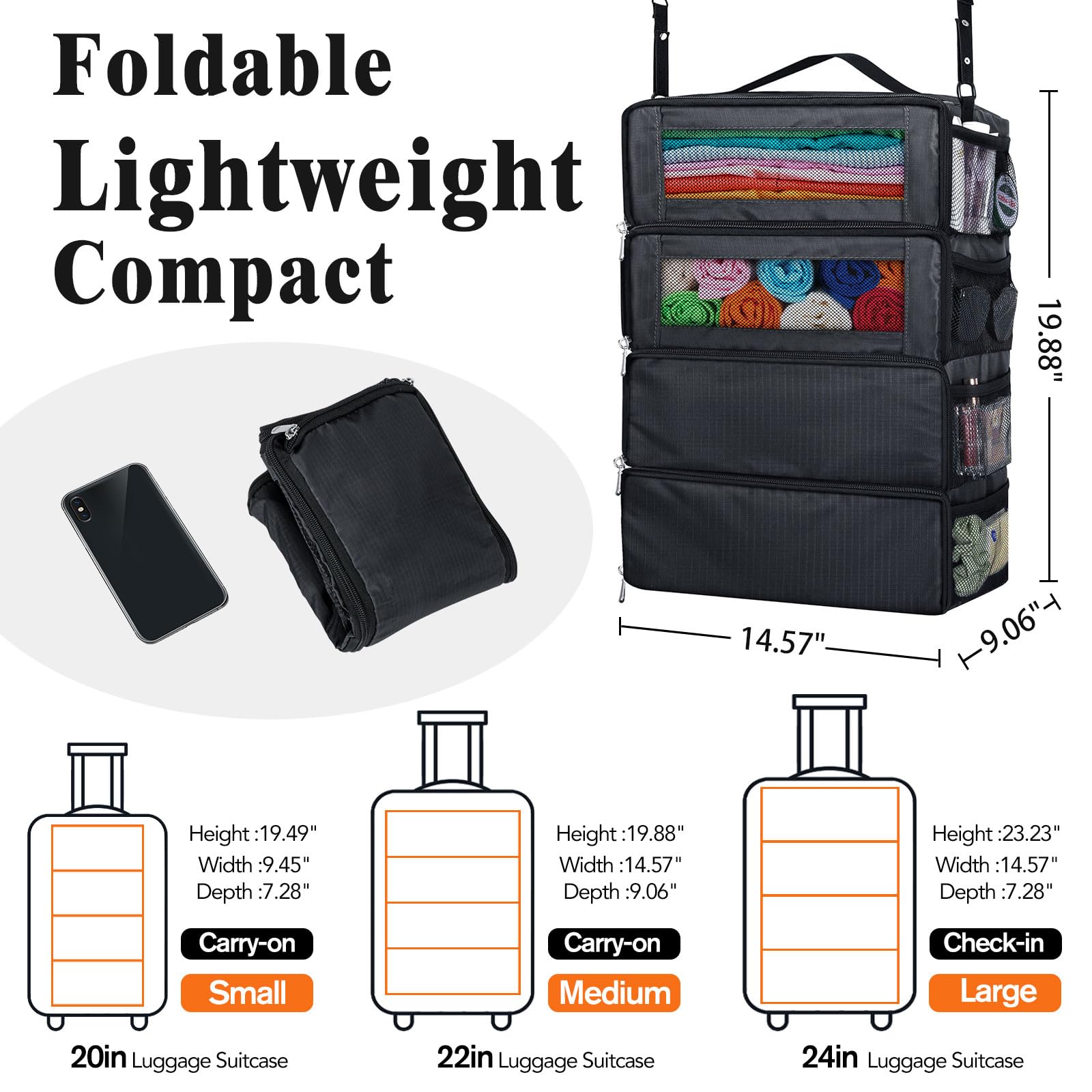 Hanging Travel Organizer for Suitcases - Portable Packing Cubes & Carry-On Luggage Organizer | Black Medium Size | Perfect for Air Travel, Cruise Vacations & Business Trips