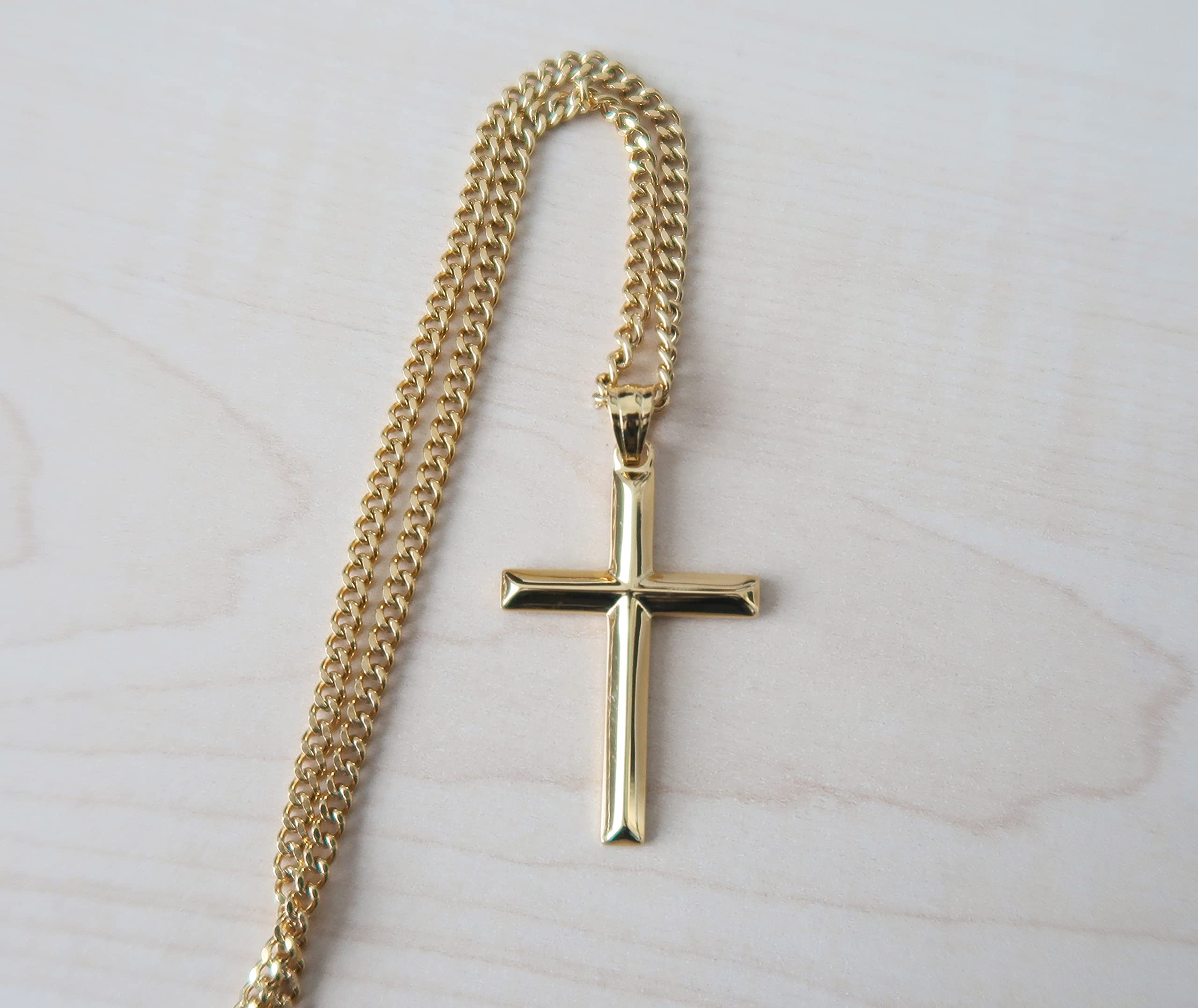 14K Gold Small Cross Pendant Necklace for Women & Men - Thin Religious Jewelry with Diamond Cut Beveled Edge & Secure Clasp - Perfect for Gifts, Weddings, Baptisms & Everyday Wear