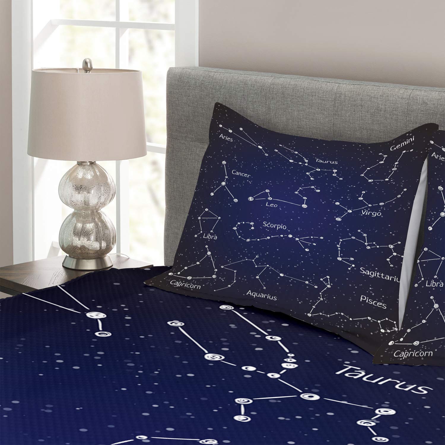 Ambesonne 3-Piece King Size Constellation Bedspread Set with 2 Pillow Shams | Zodiac Star Clusters & Sign Names in Doodle Chalk Style | Dark Blue, Blue & White Decorative Bedding | Perfect for Astronomy Lovers' Bedroom Decor