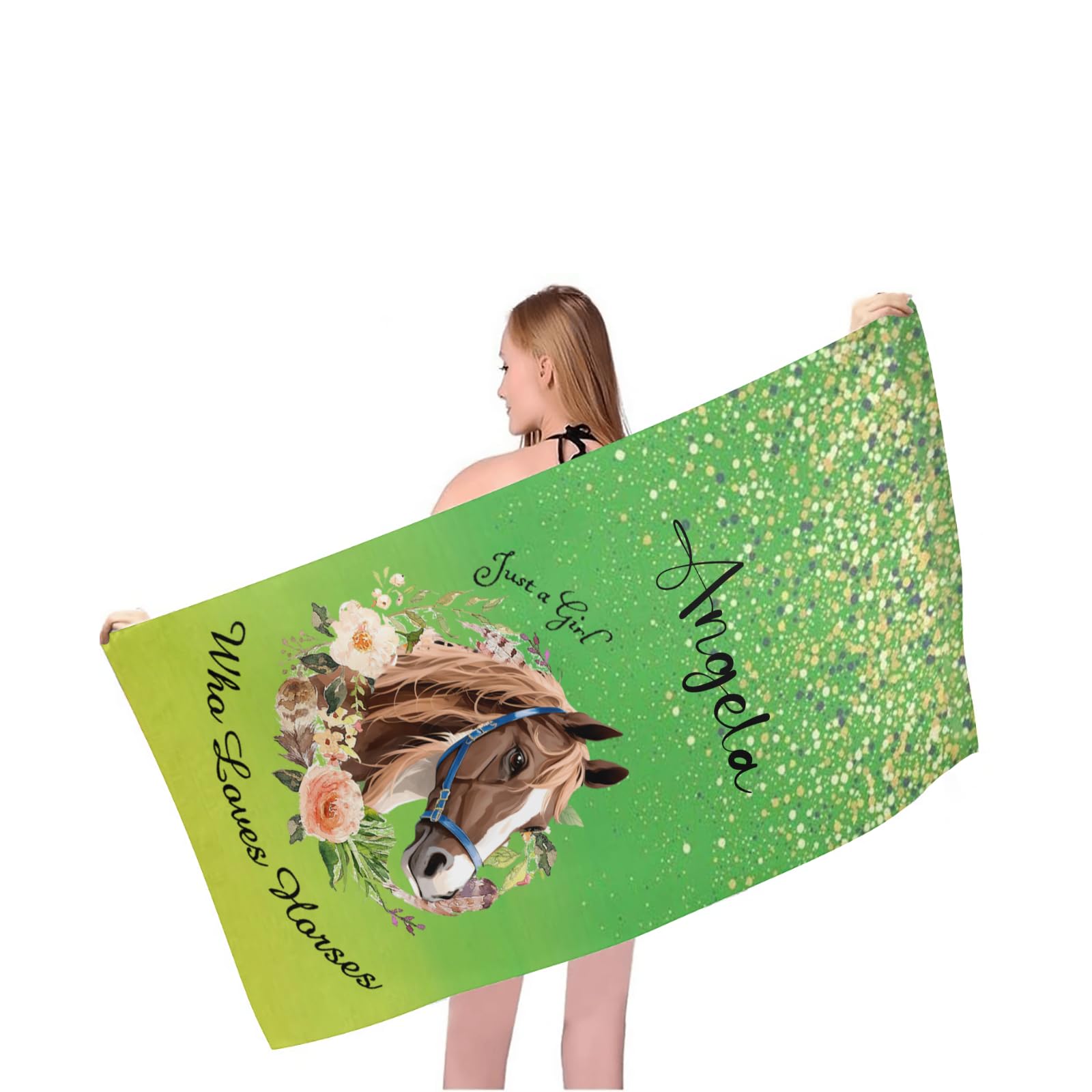 Custom Personalized Green Love Horse Beach Towel with Name - 30x60 Inch Large Pool Towel for Women, Men, Boys & Girls | Perfect for Beach, Pool, Picnic & Outdoor Activities