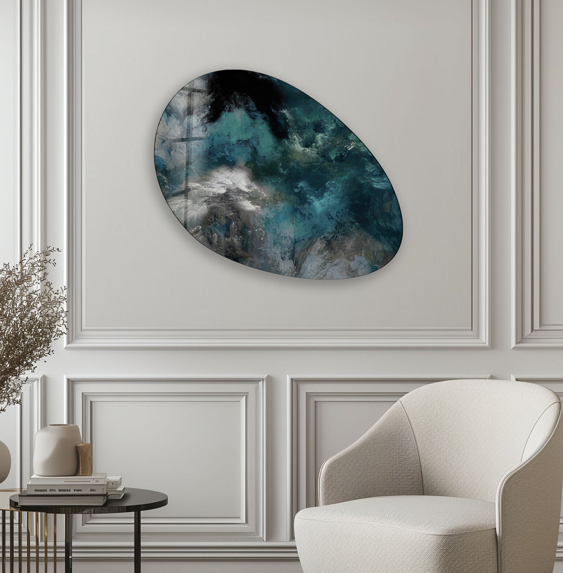 Abstract Dark Green Oval Glass Wall Art - Modern Home Decor for Living Room, Bedroom & Office - Handmade Glass Artwork for Unique Interior Design