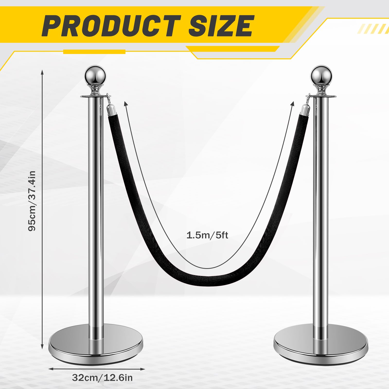 6-Pack Ferraycle 5ft Silver Stainless Steel Crowd Control Stanchions with Black Velvet Ropes - Perfect for Events, Parties, VIP Areas & Queue Management