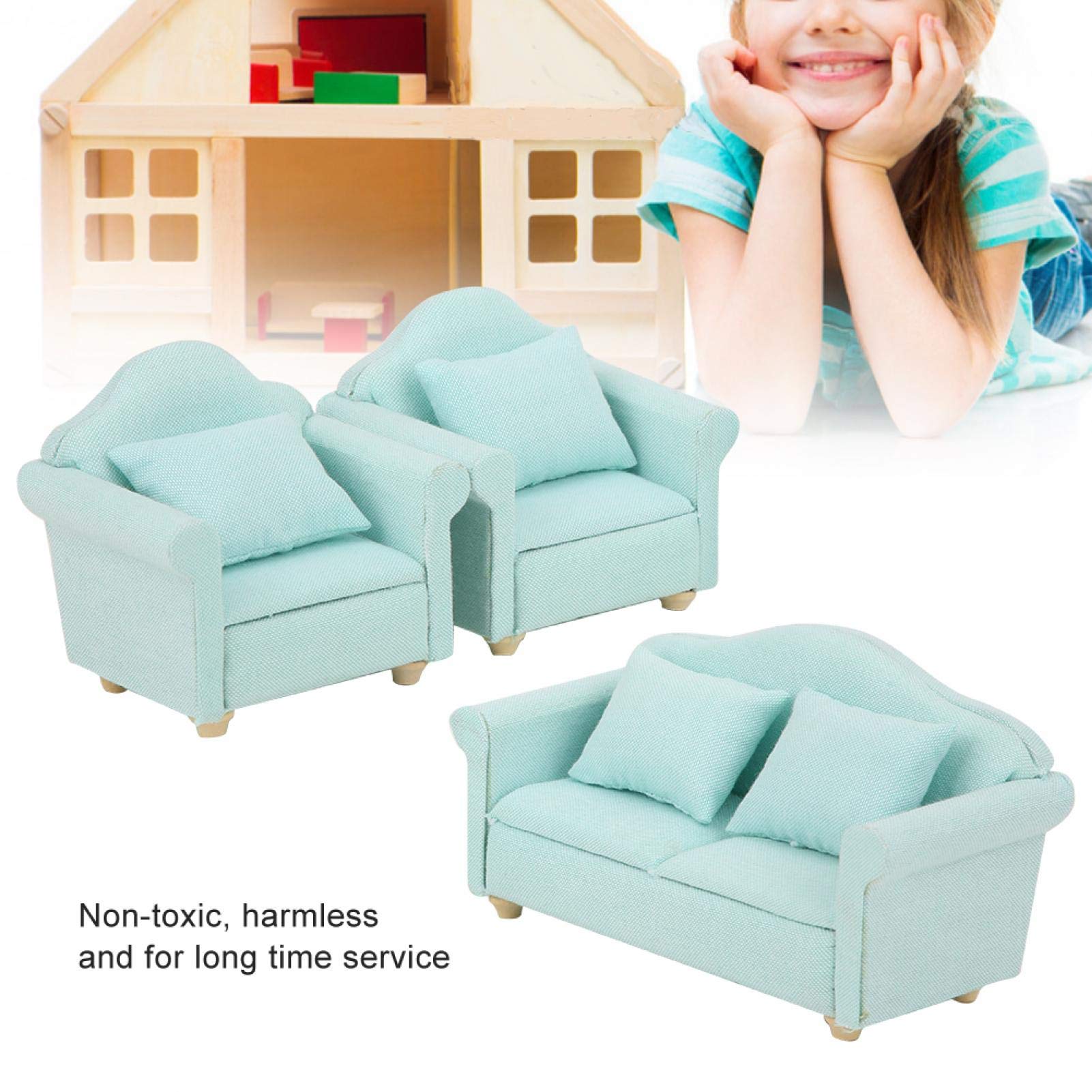 1:12 Scale Miniature Dollhouse Furniture Set - 3Pcs Green Fabric Sofa with Pillows for Dollhouse Accessories | Perfect for DIY Dollhouse Decor, Collectors Display and Miniature Scenes