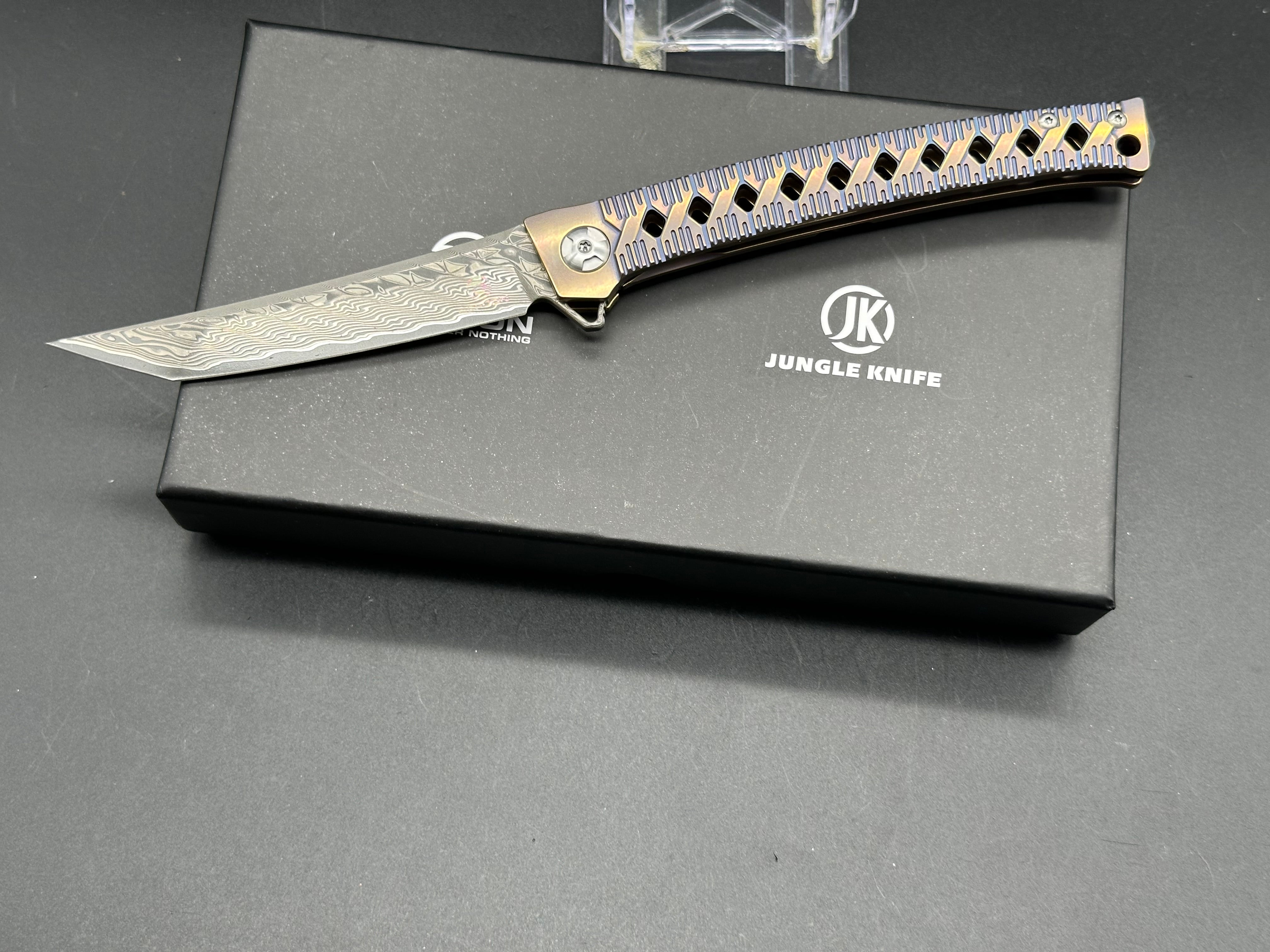 DEFCON JK Series Folding Knife - Damascus Steel Blade with Bronze Titanium Handle - EDC Pocket Knife for Camping, Hiking & Outdoor Survival
