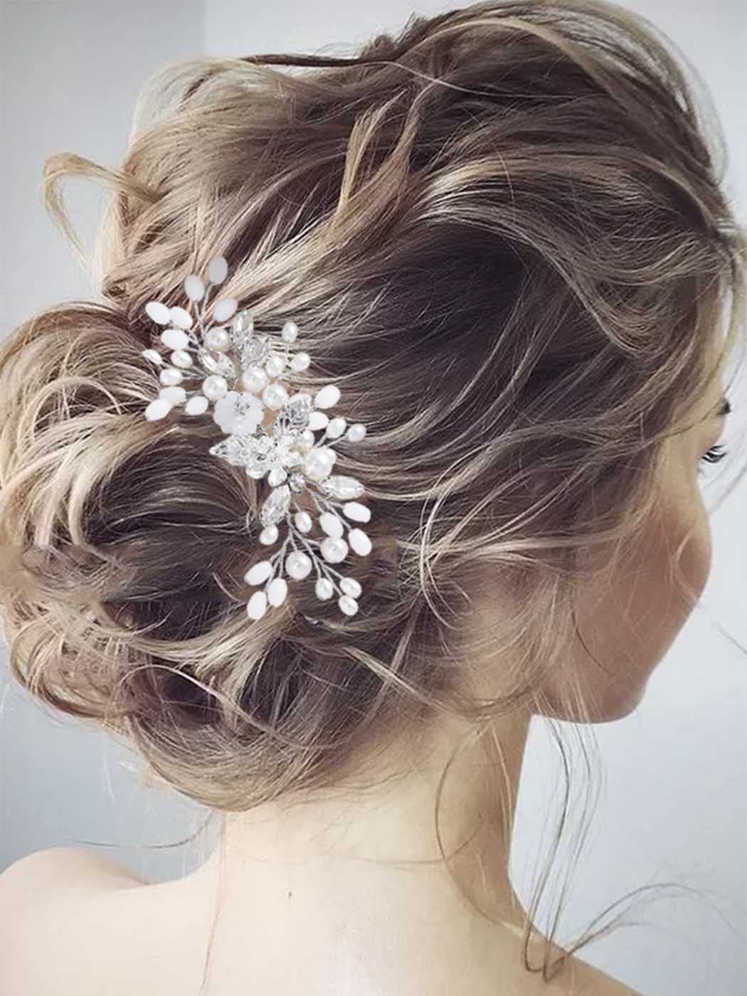 Silver Pearl Bridal Hair Comb - Crystal Flower Hair Accessories for Weddings & Parties