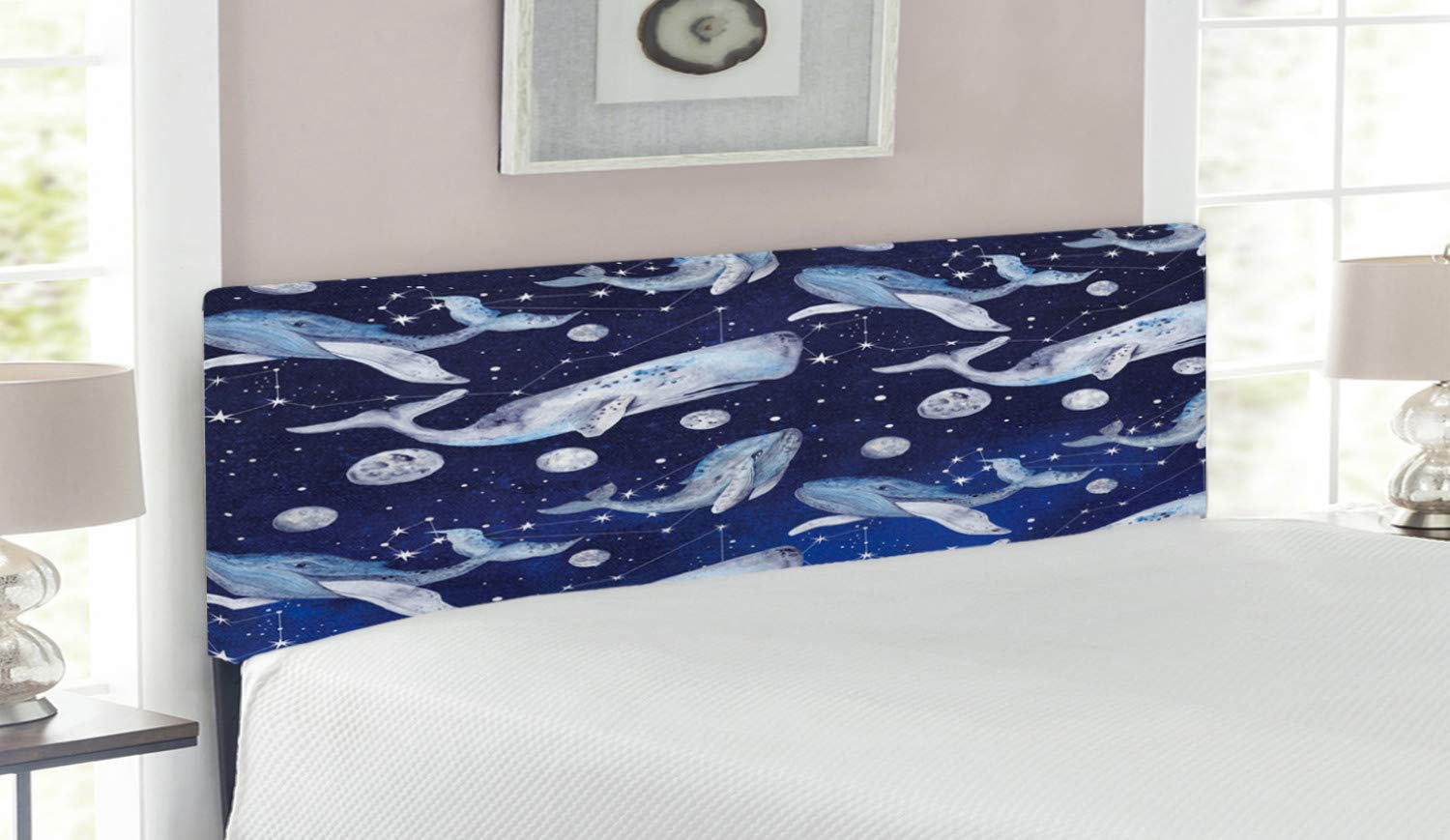 Ambesonne Queen Size Upholstered Metal Bed Headboard with Memory Foam - Whale, Fishes & Planets in Outer Space Cosmos Design (Navy Purple Grey) | Modern Bedroom Decor for Coastal & Celestial Themed Rooms