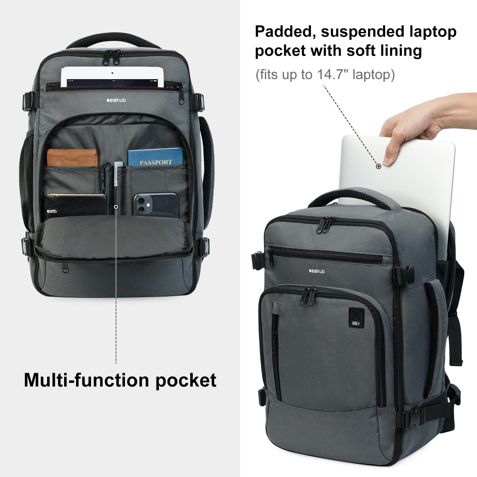 ECOHUB 16 Inch Airline Approved Travel Backpack for Women & Men - Lightweight Waterproof Laptop Backpack, Casual Daypack & Small Hiking Bag - Perfect for Business Trips, College, Commuting & Outdoor Adventures (Grey)